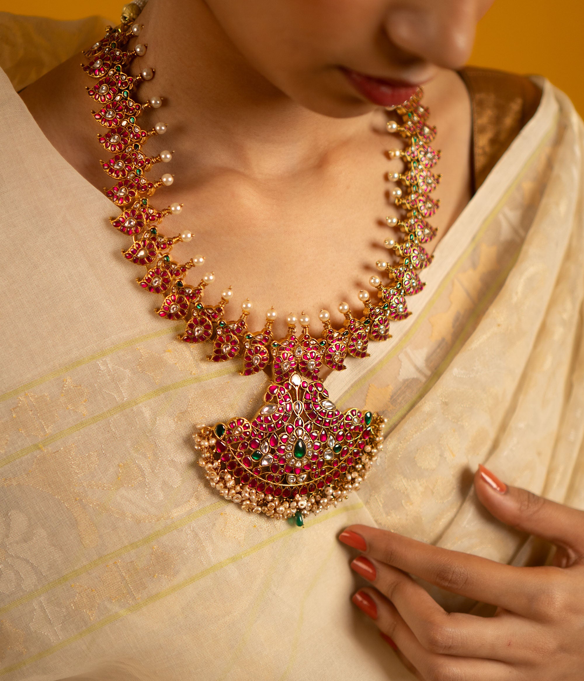 Gold Plated Silver Necklace with Kundan Detailing