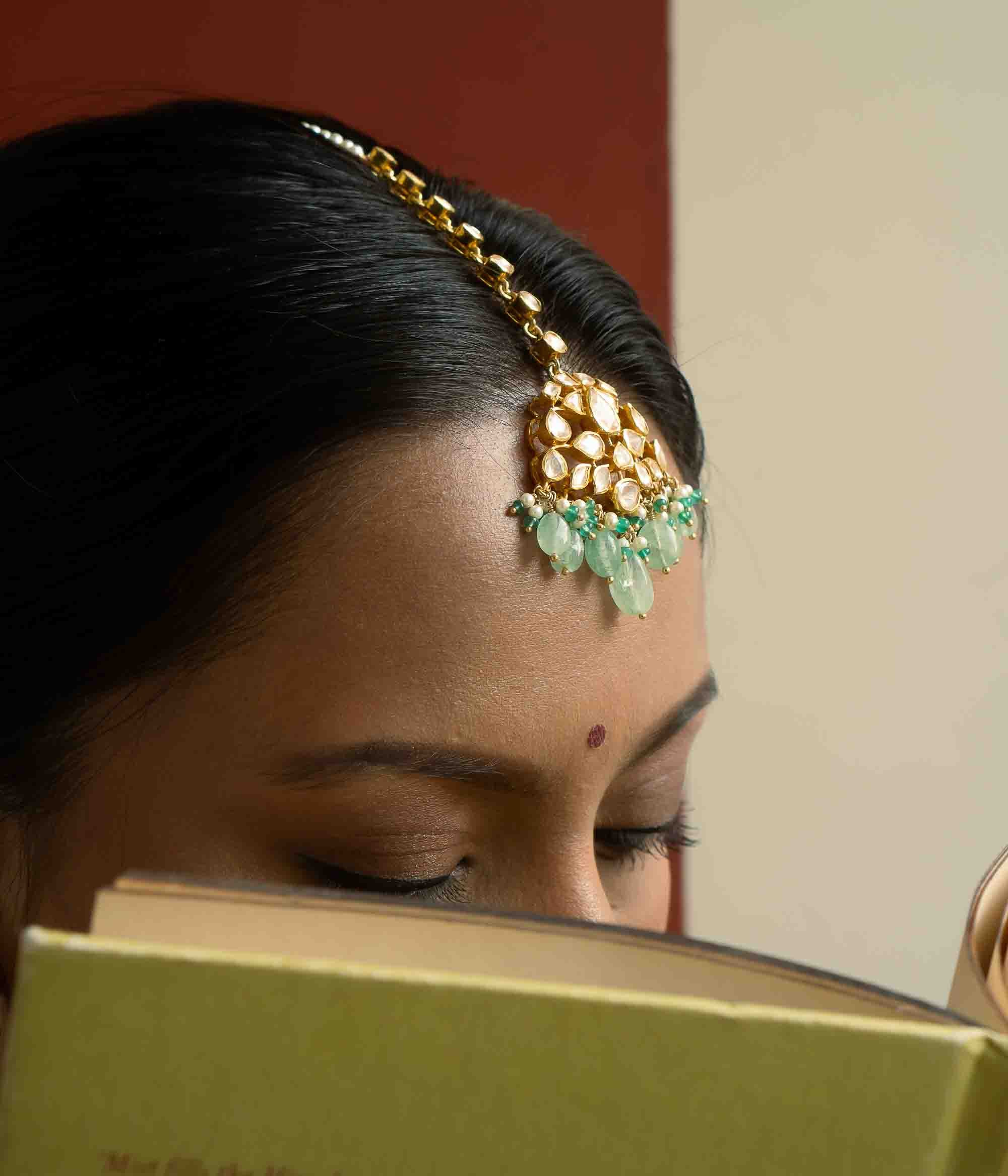 Bridal Silver Maang Tikka with Green Beads and Polki Stones