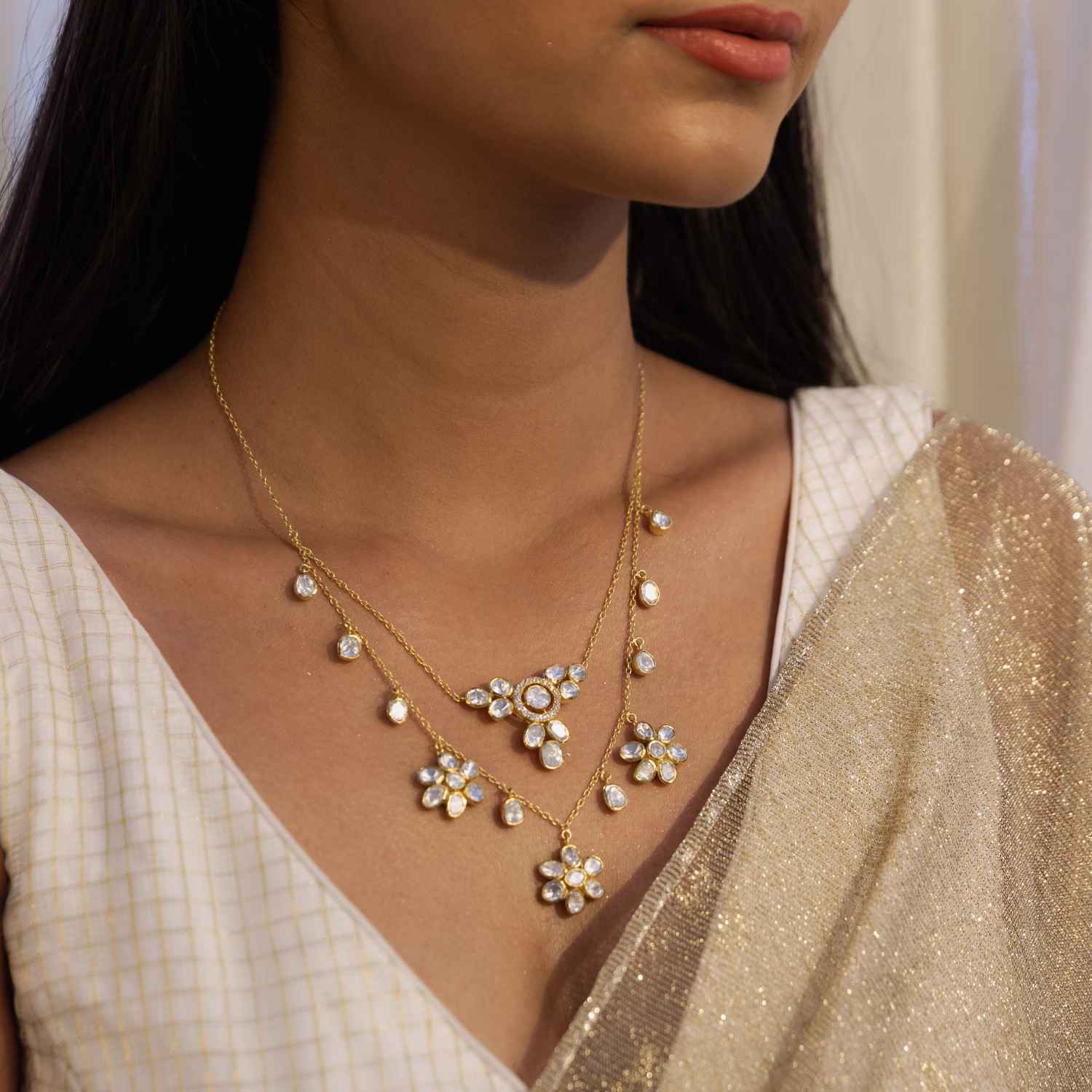 Sia Two Line Floral Moissonite Chain Necklace