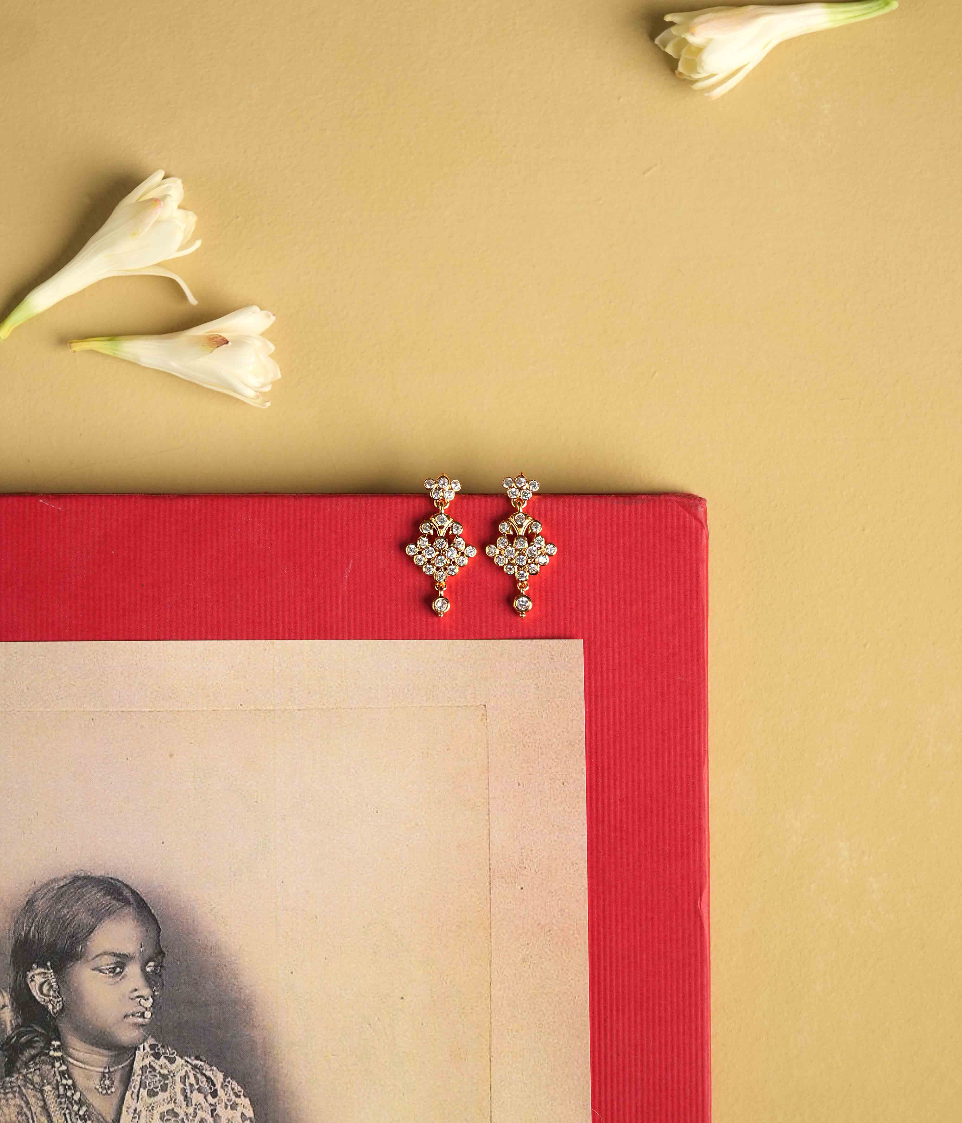 These moissanite earrings, crafted from 92.5 sterling silver with a South screw fastening, sparkle with vintage charm, embodying a timeless brilliance inspired by the revered stone settings of Chettinad and featuring Swarovski stones.