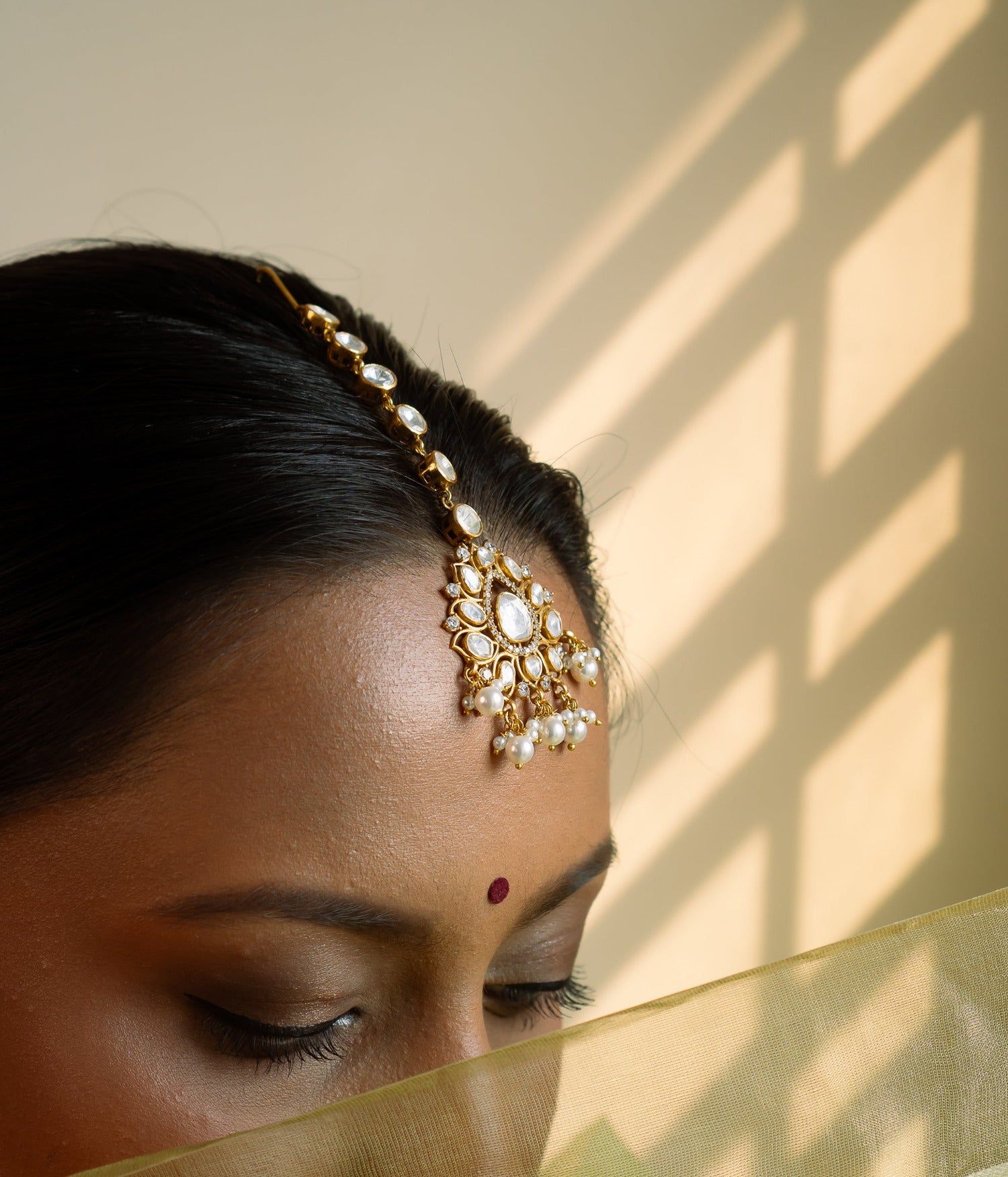 Handmade Bridal Maangtika with CZ Stones and Pearls