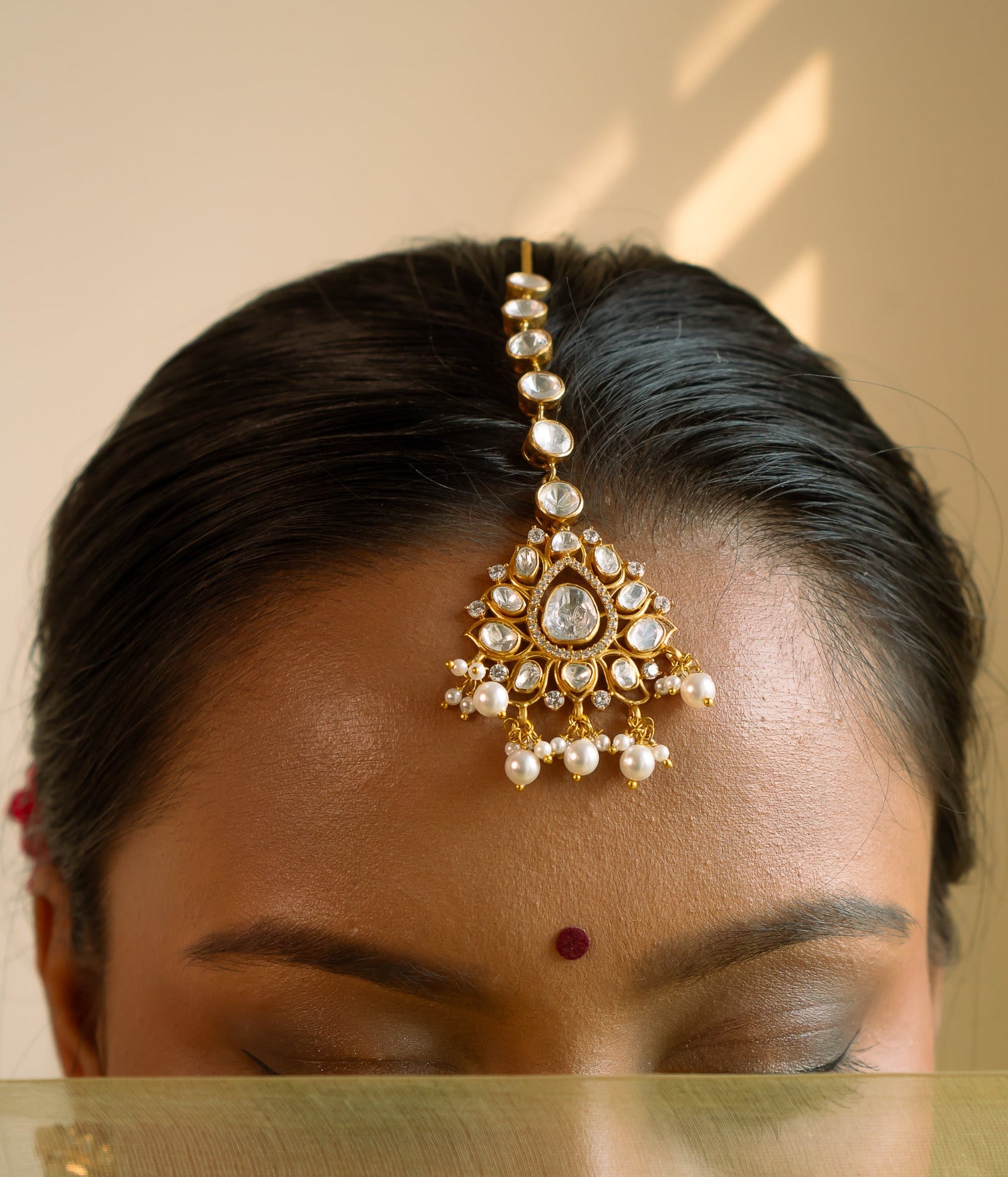 Traditional Silver Maangtika Adorned with Polki Stones