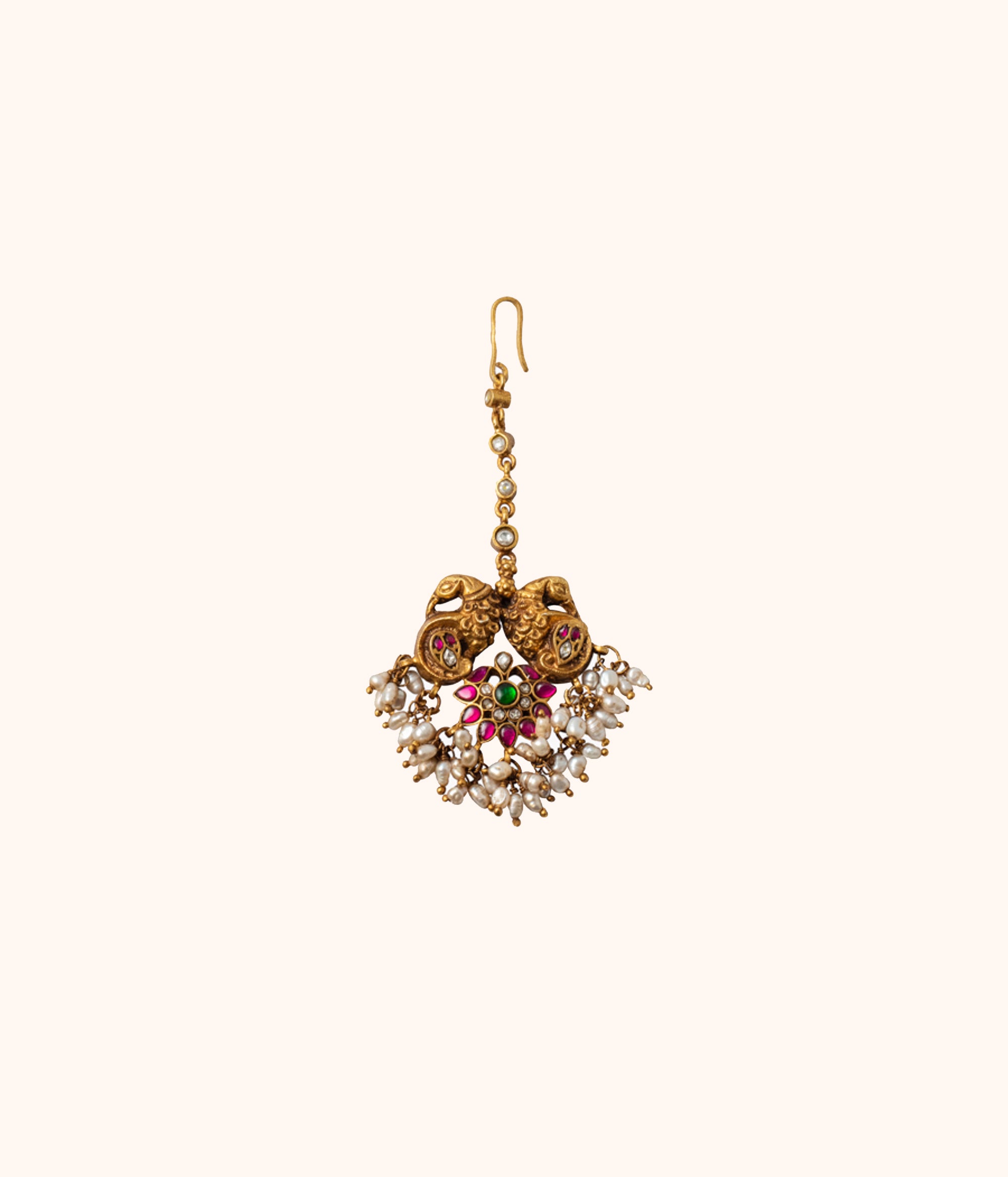 Handcrafted Peacock Design Kundan Tikka with CZ Stones and Pearls
