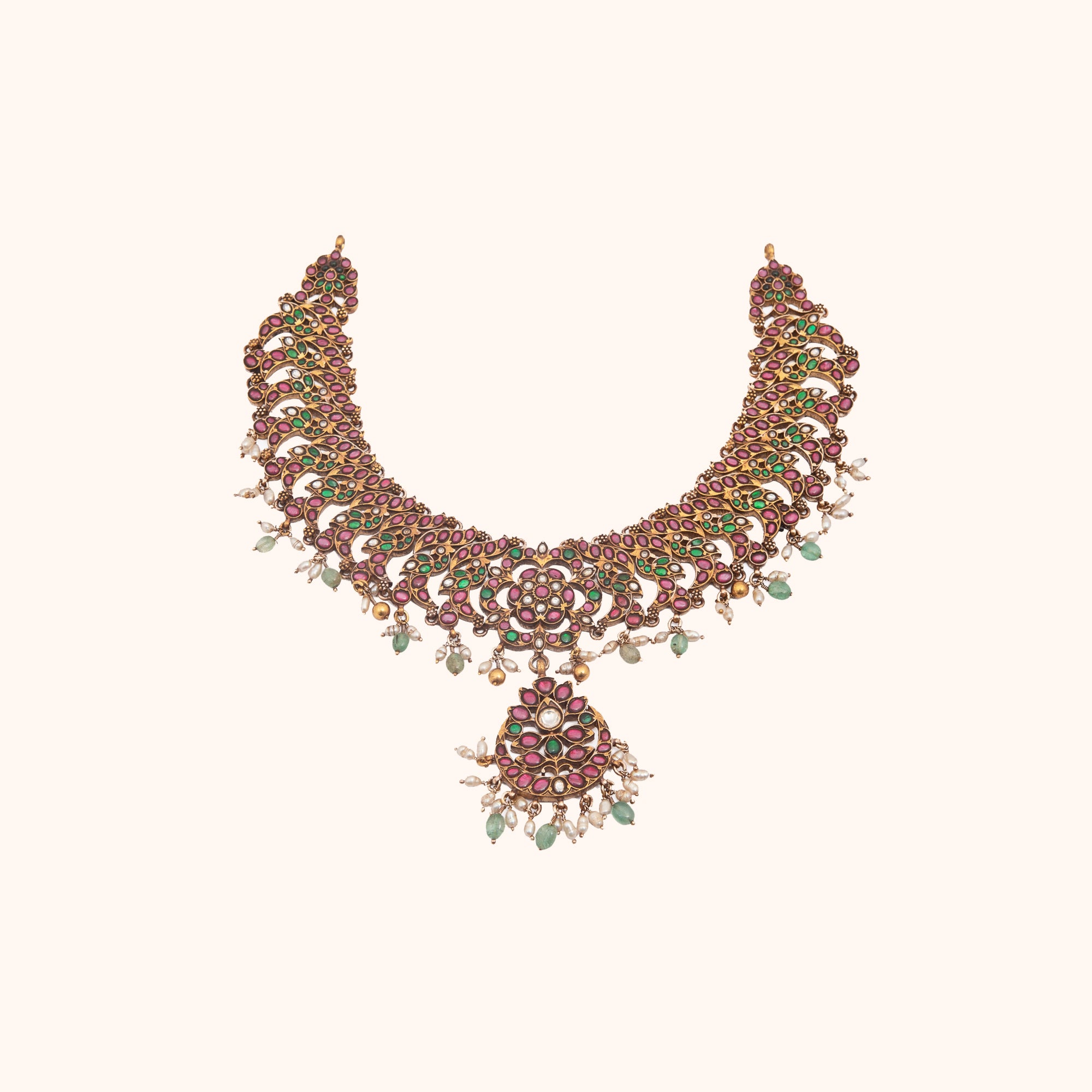Jaari Red and Green Kundan Grand Necklace in 92.5 Silver with 22ct Gold Plating