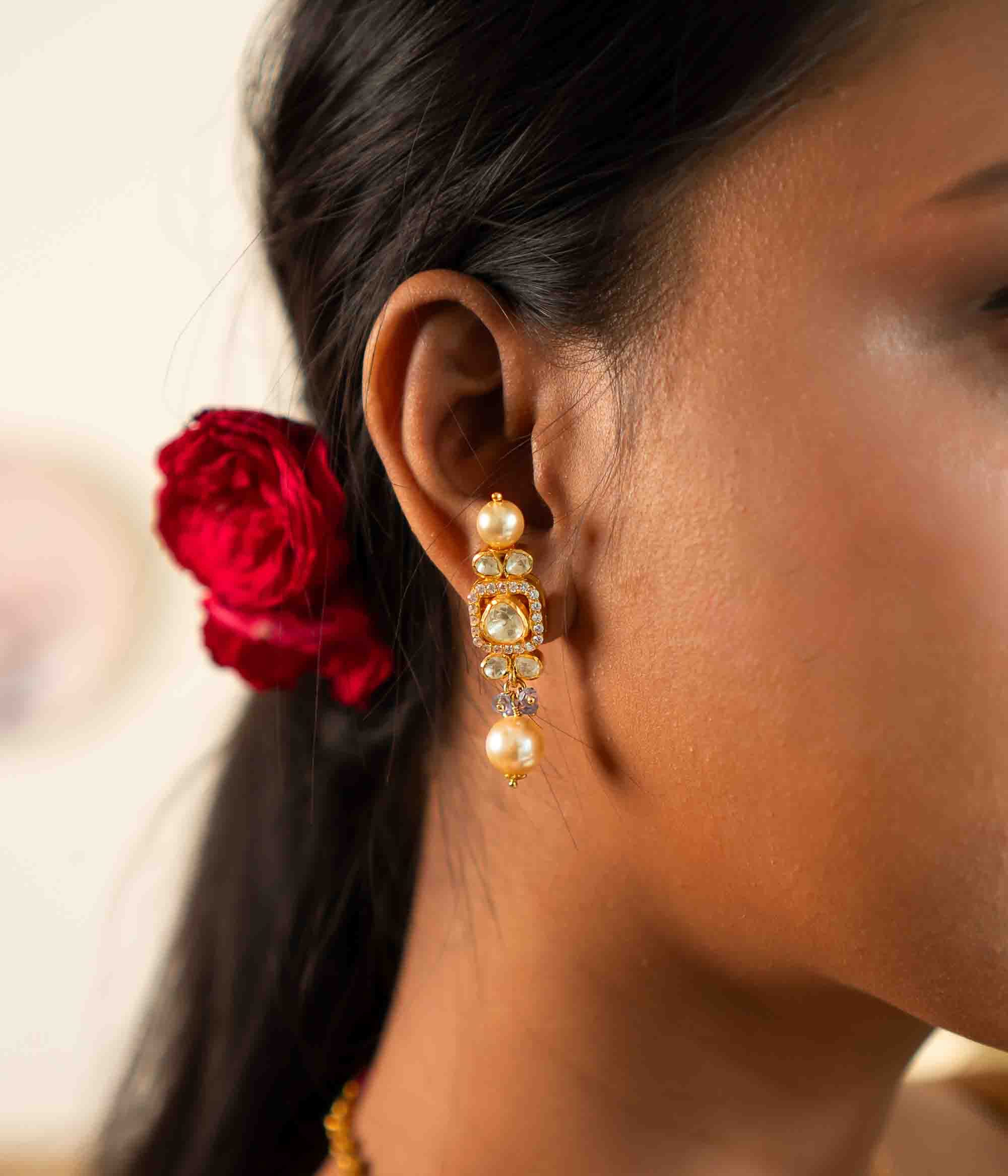 Handcrafted Silver Earrings with Polki CZ Stones and Pearls