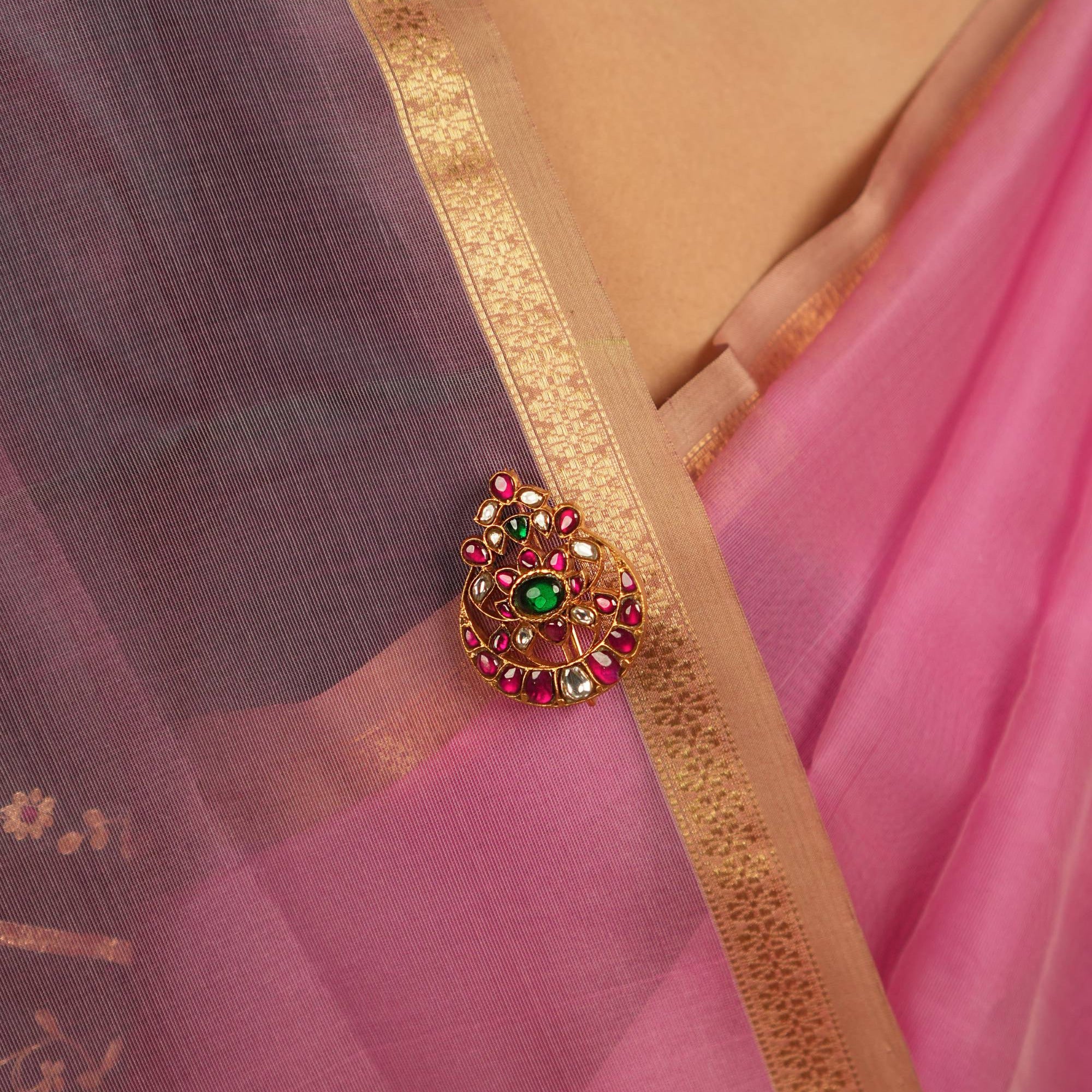 Jatalika Brooch in 92.5 Sterling Silver with Green, Red & White Kundan Stones