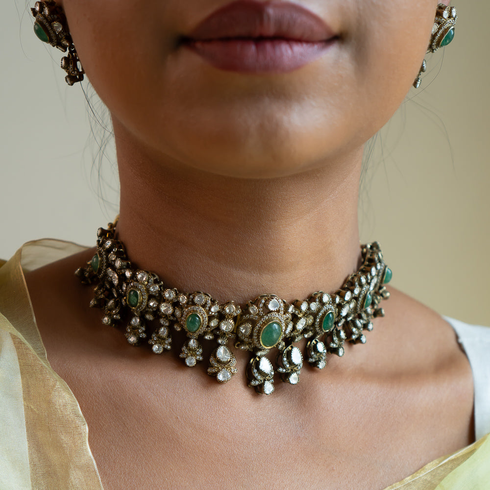 Jaypur Necklace in 92.5 Silver with Victorian finish Polki CZ and Green stones