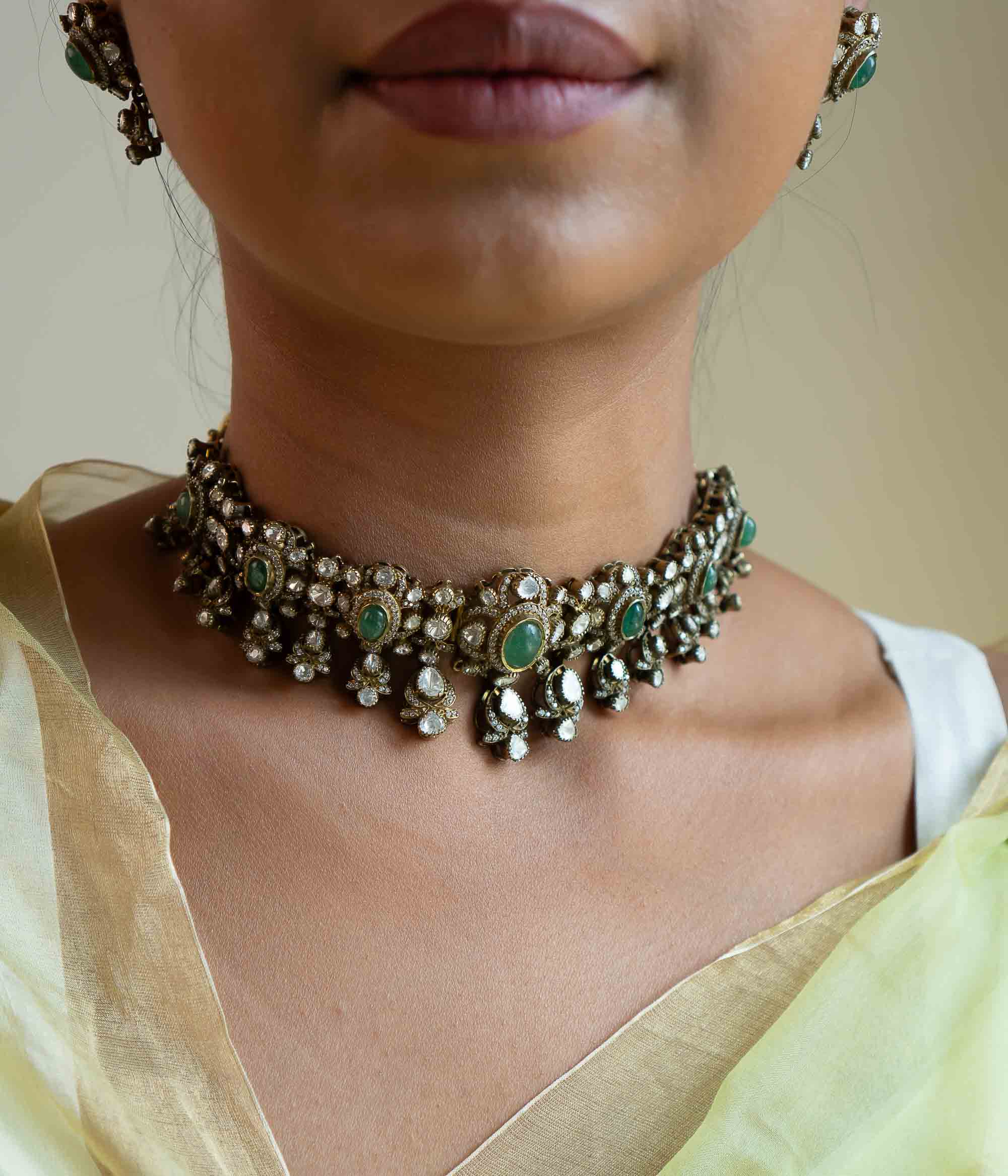 Handmade antique silver necklace with Polki and gemstone by DivasMantra