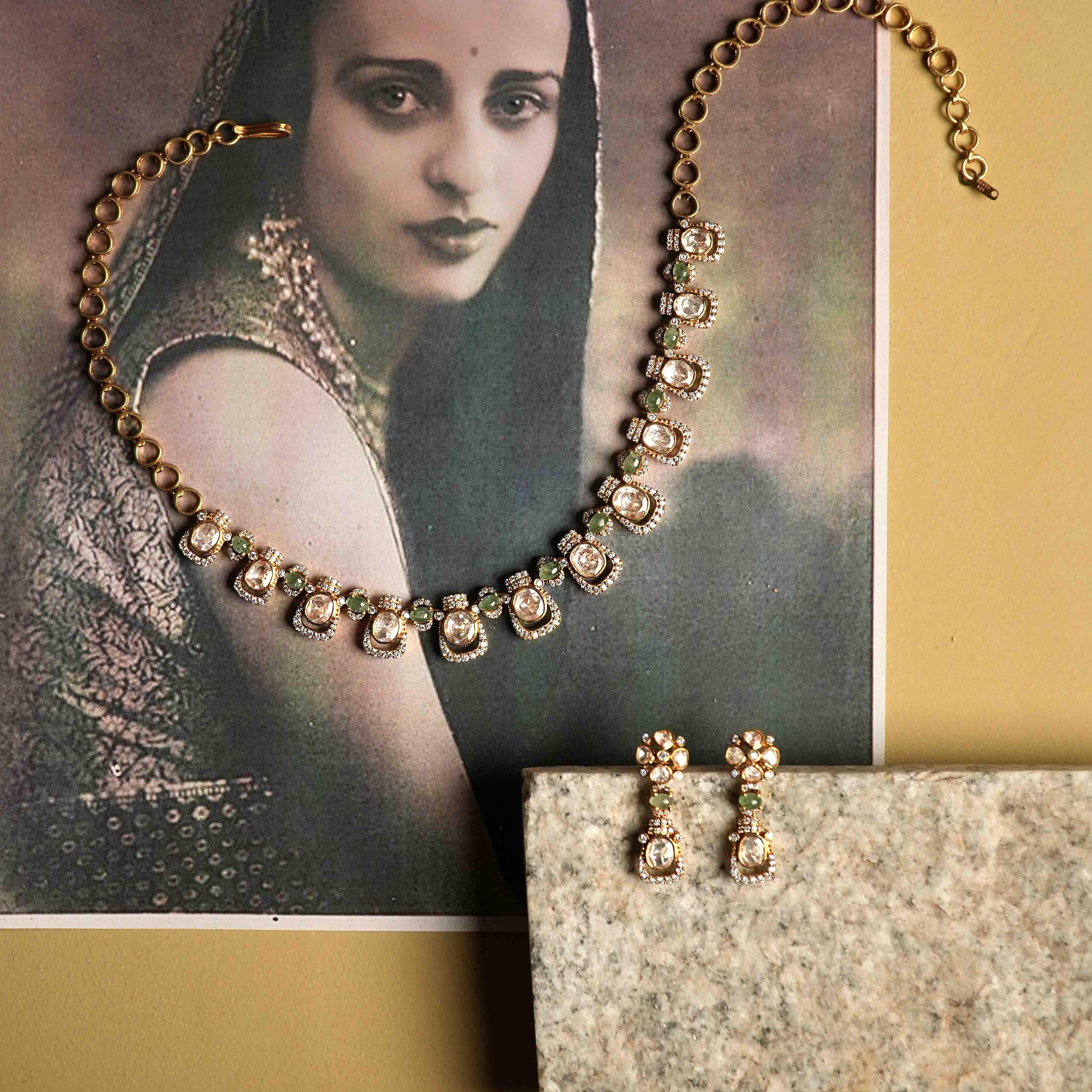 Jeeva Necklace in 92.5 Silver 22ct Gold Plated with Moissanite Polki CZ and Green Tourmaline