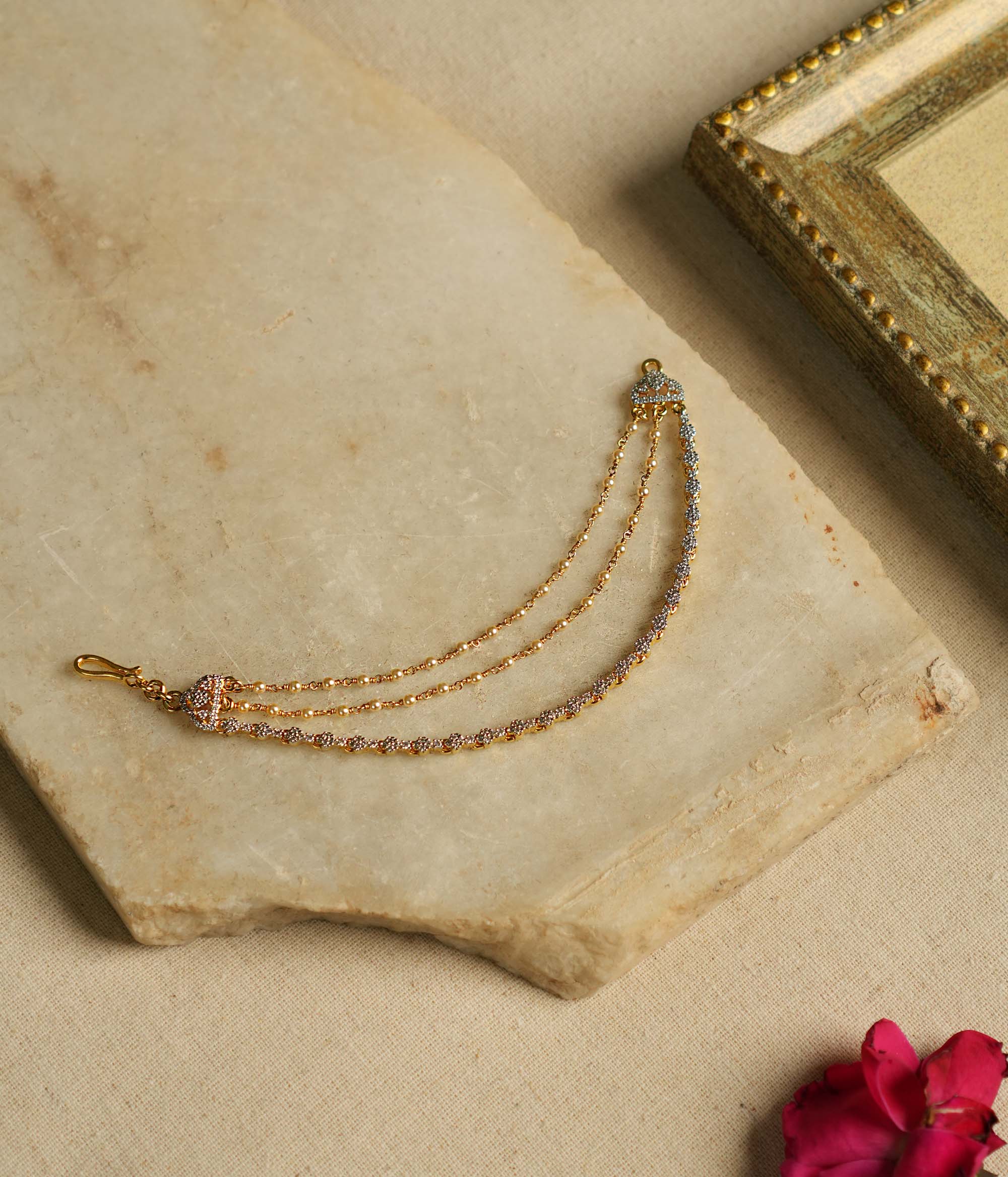Handmade Silver Ear Chain Gold Plated with Pearls and CZ Stones