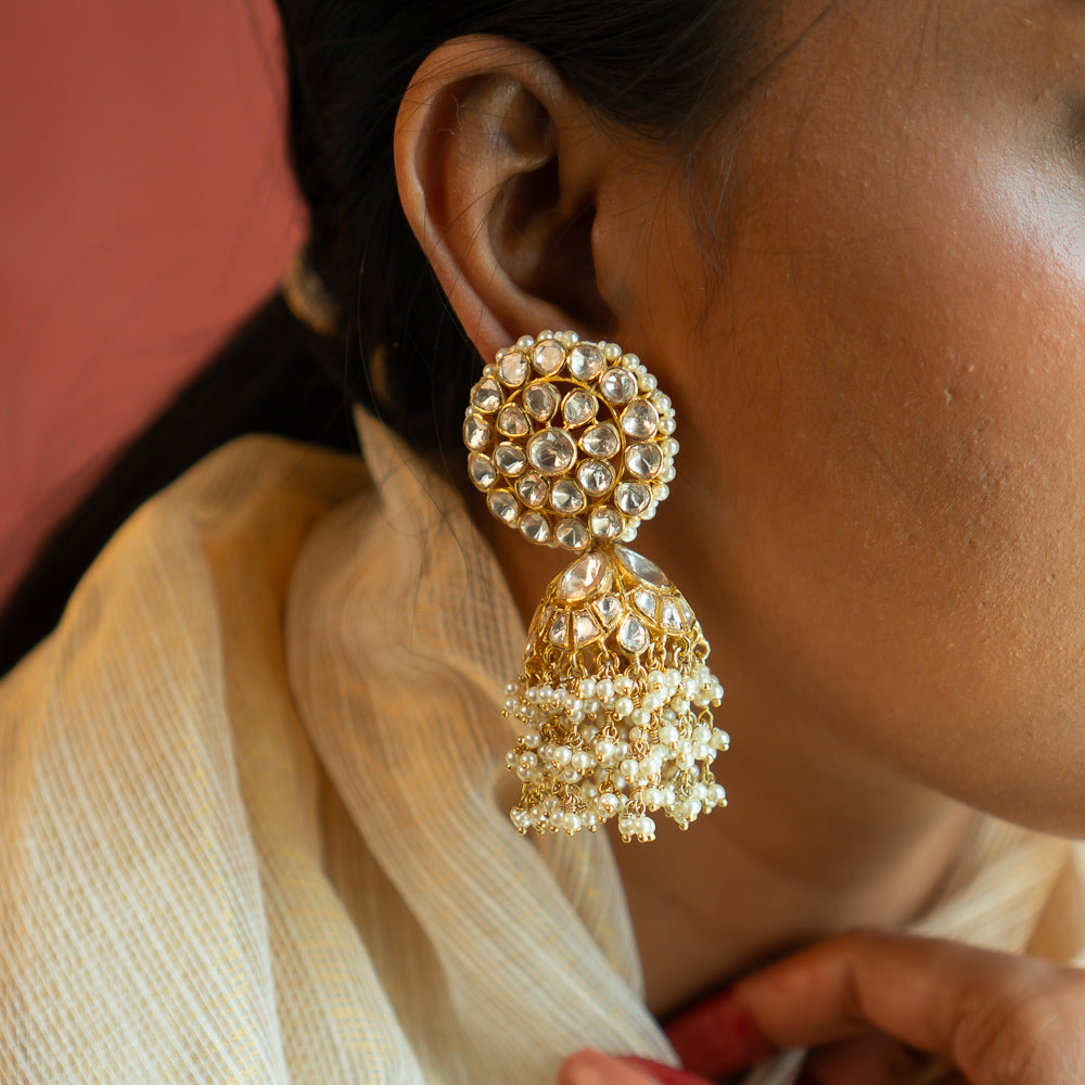 Jhoomar Earrings in 92.5 Silver with Polki Stones and Pearls