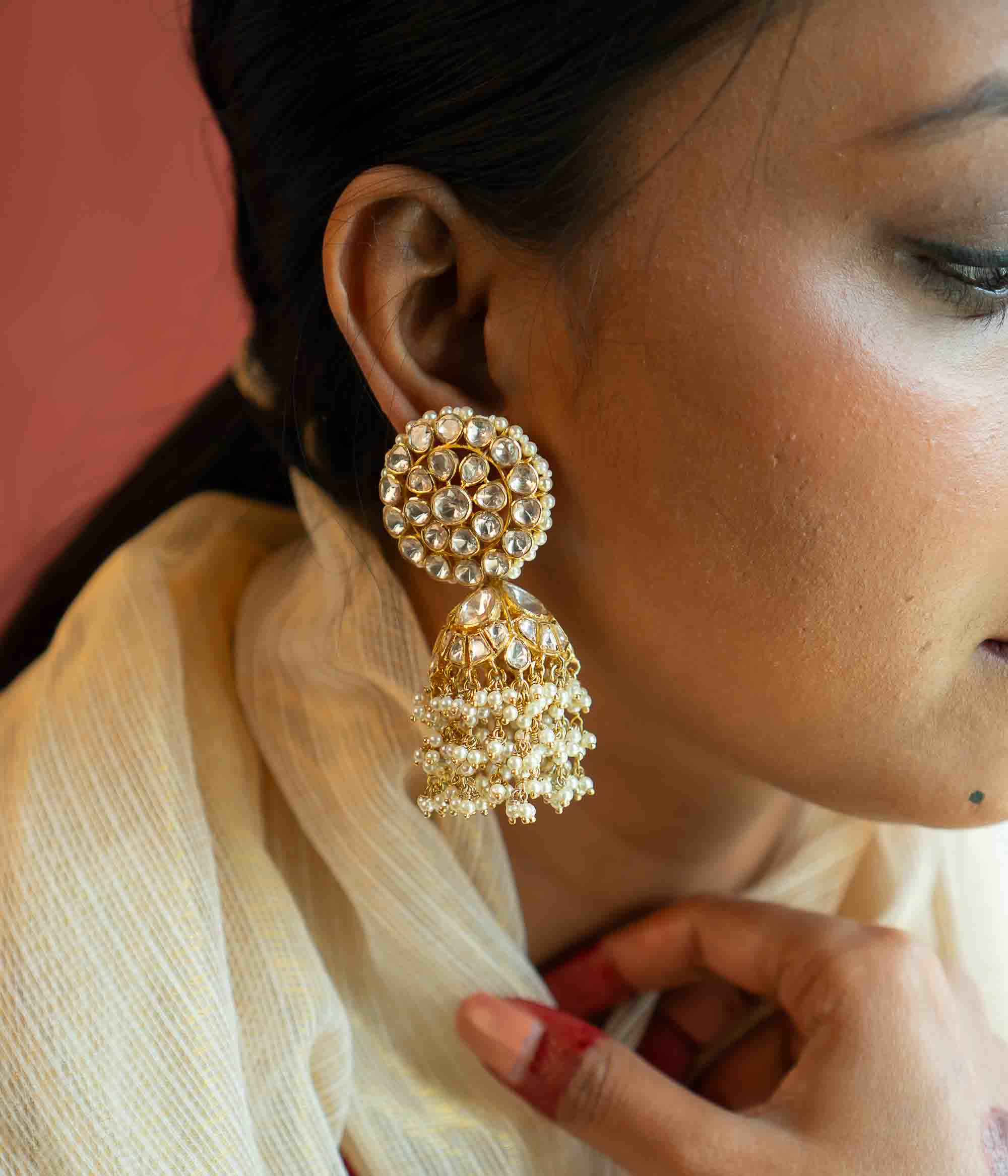 Polki Stone Jhoomar Earrings Gold Plated with Push Fastening