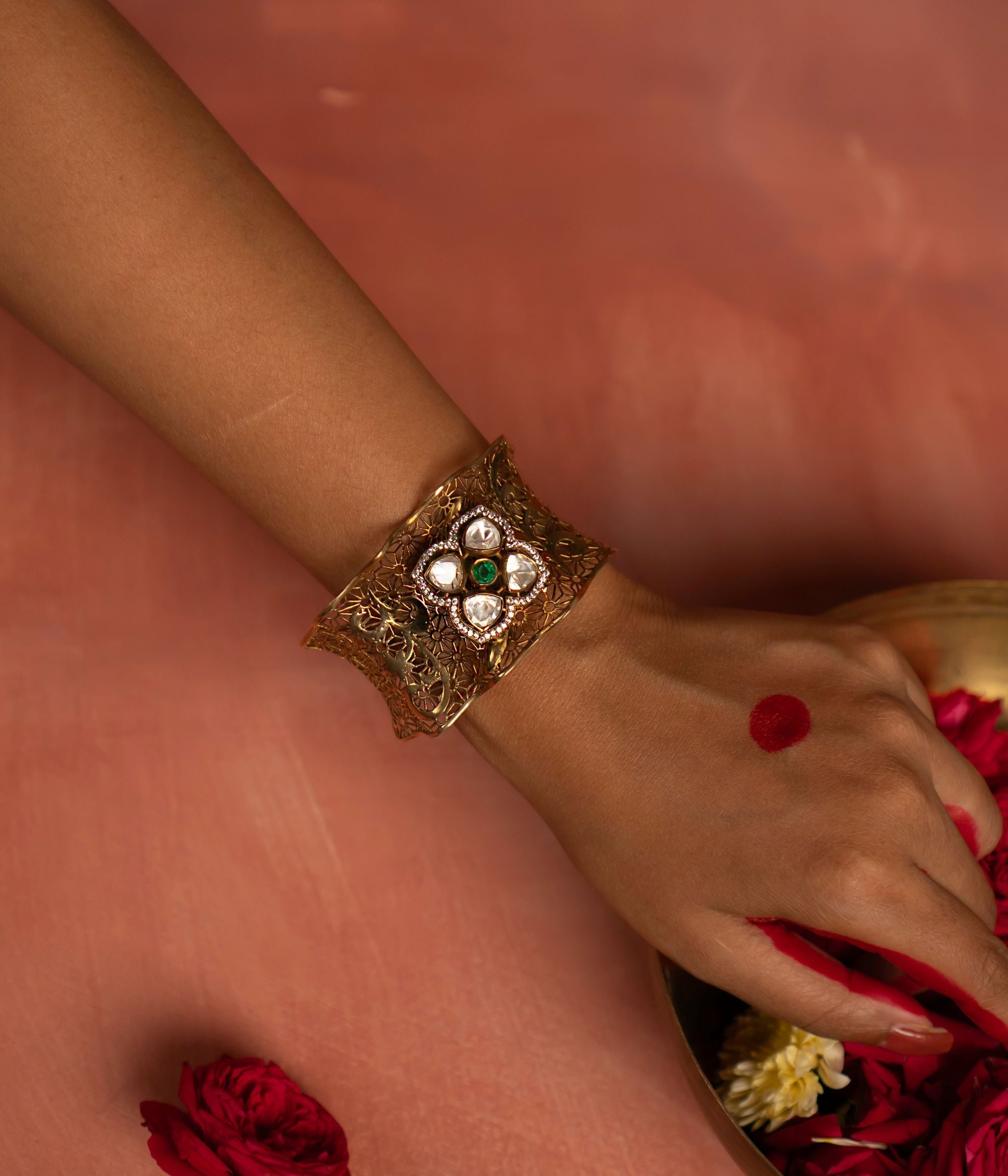 Handmade gold-plated silver bracelet with green gemstone and CZ stones