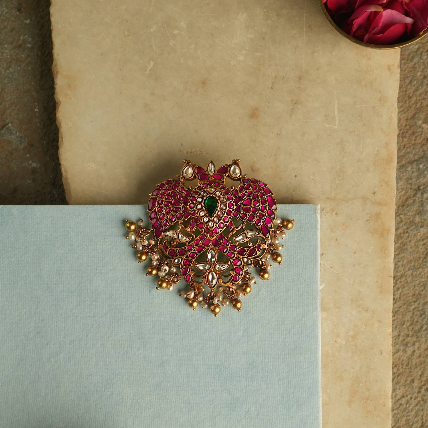 Juno Kundan Pendant in 92.5 Silver Gold Plated with Red, White and Green Stones