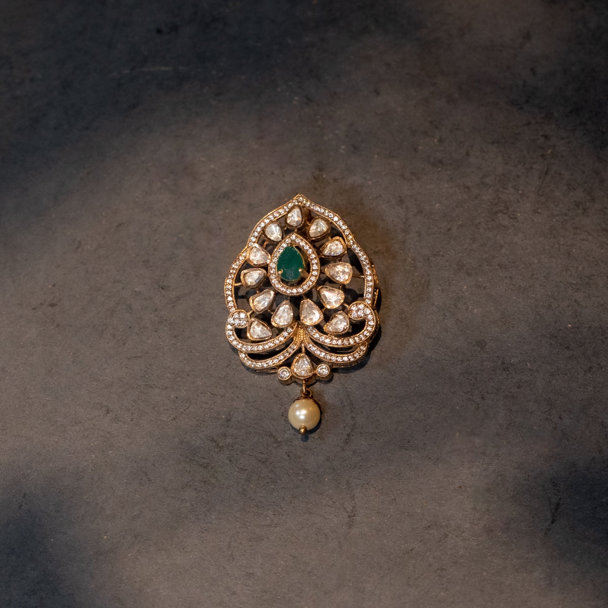 Jyoshna Polki Pendant in 92.5 Silver Antique Gold Plated with Polki, CZ and Pearls