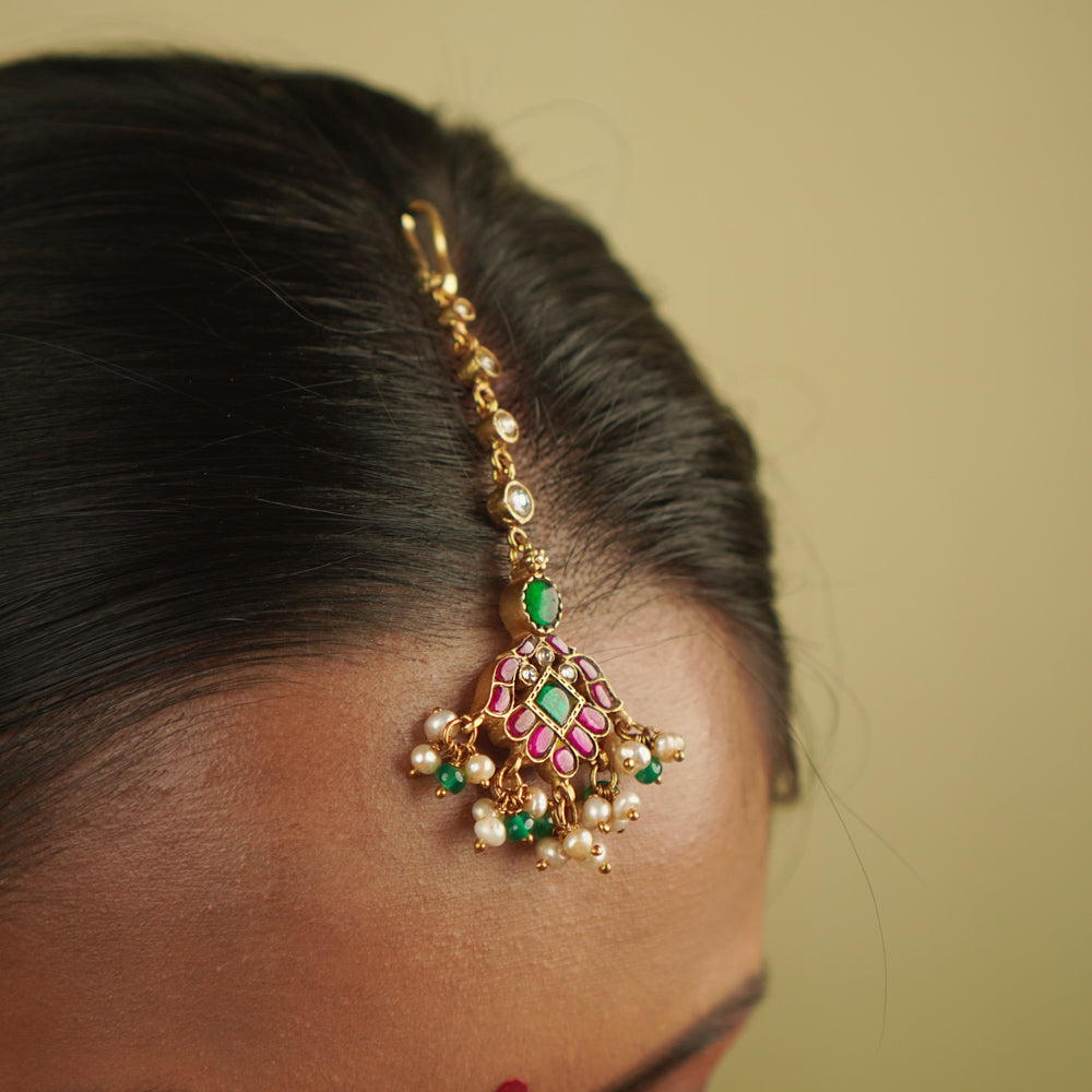 Jyotika Maangtika in 92.5 Silver Gold Plated with Red Green White Kundan and Pearls