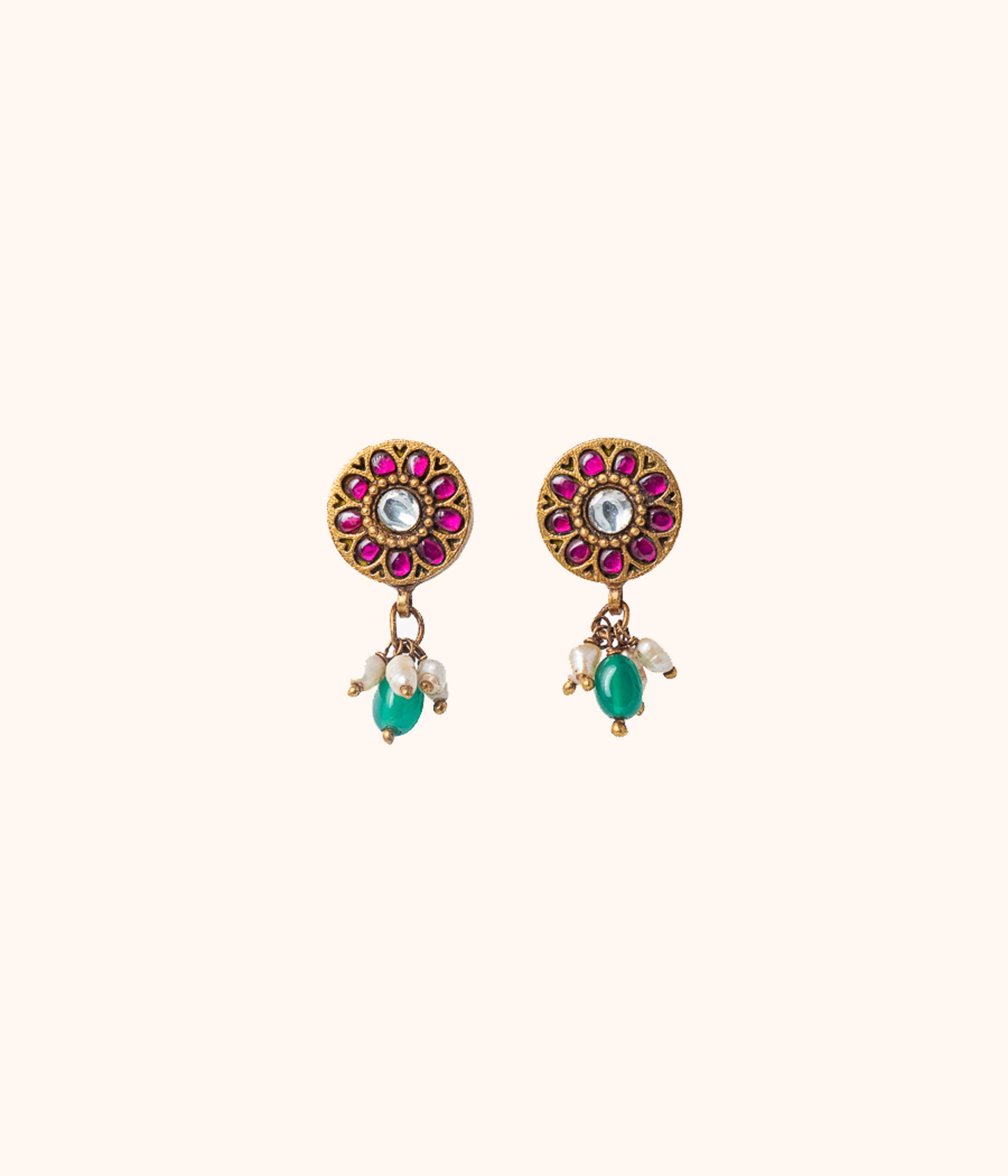 Phool Round Red Kundan Gold Plated Silver Earrings