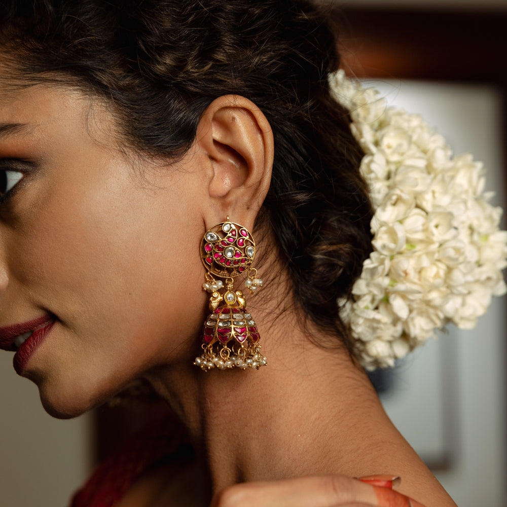 92.5 Sterling Silver Mayura Exquisite Peacock Kundan Jhumka Gold Plated