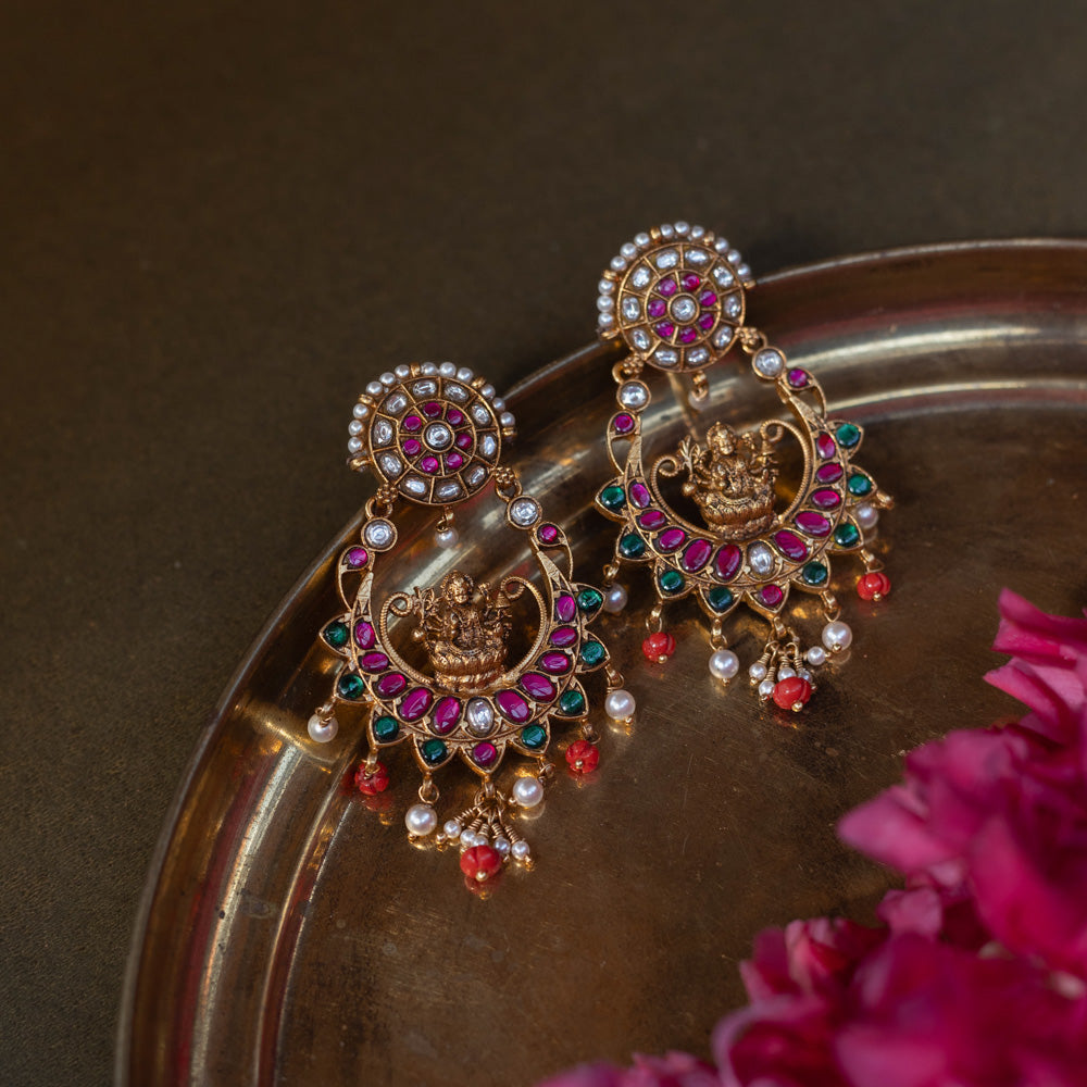 Lakshmi Chandbali Earrings in 92.5 Silver with Red White and Green Kundan
