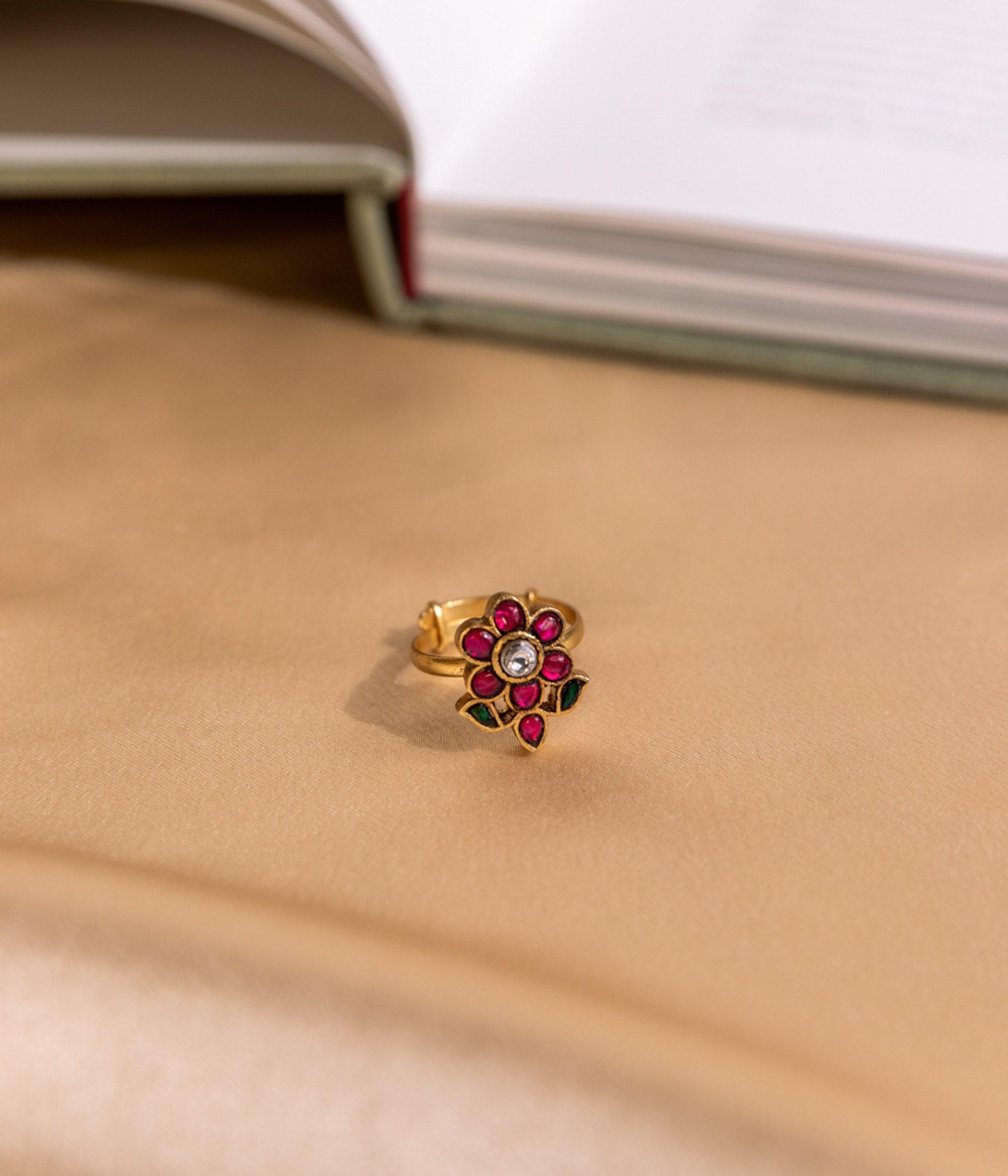 Adjustable Kundan Ring with Red Green and White Stones – DivasMantra