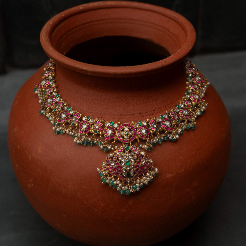 Aaradhya Kundan Necklace in 92.5 Silver with Red, Green, and White Kundan Stones – Handmade Jewelry by DivasMantra in Chennai