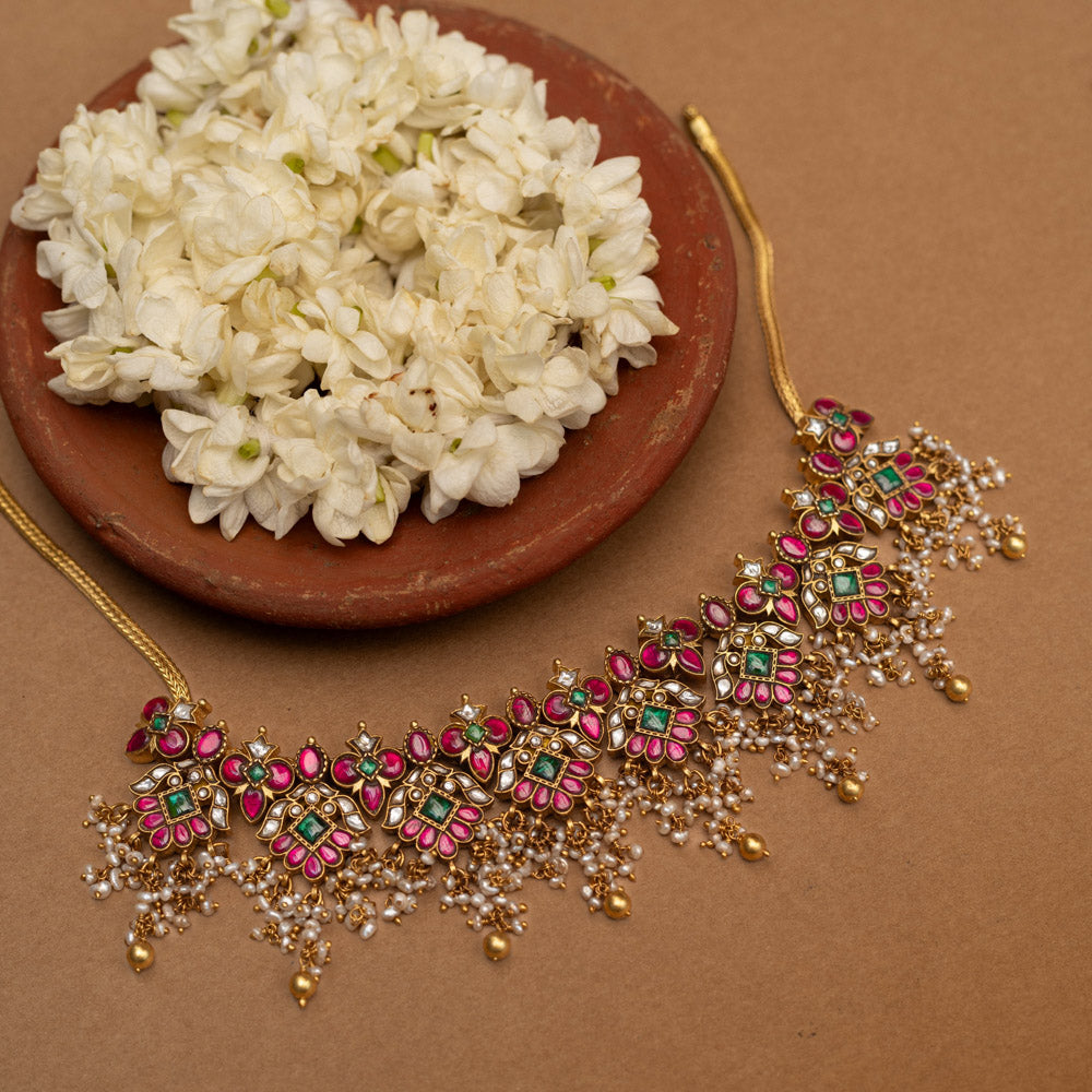 Handmade Temple Choker with Red Green and White Kundan Stones