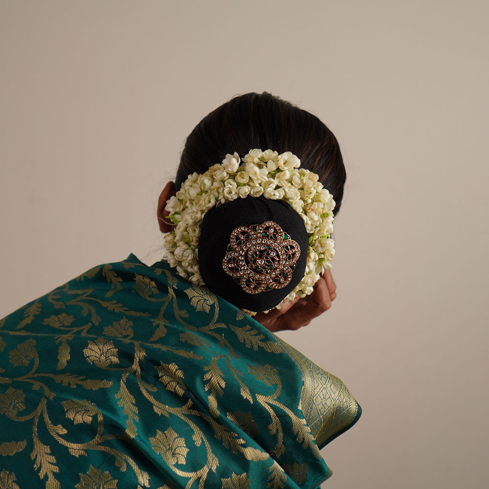 Kaamini Hair Pin handcrafted in 92.5 silver with green and white Kundan stones