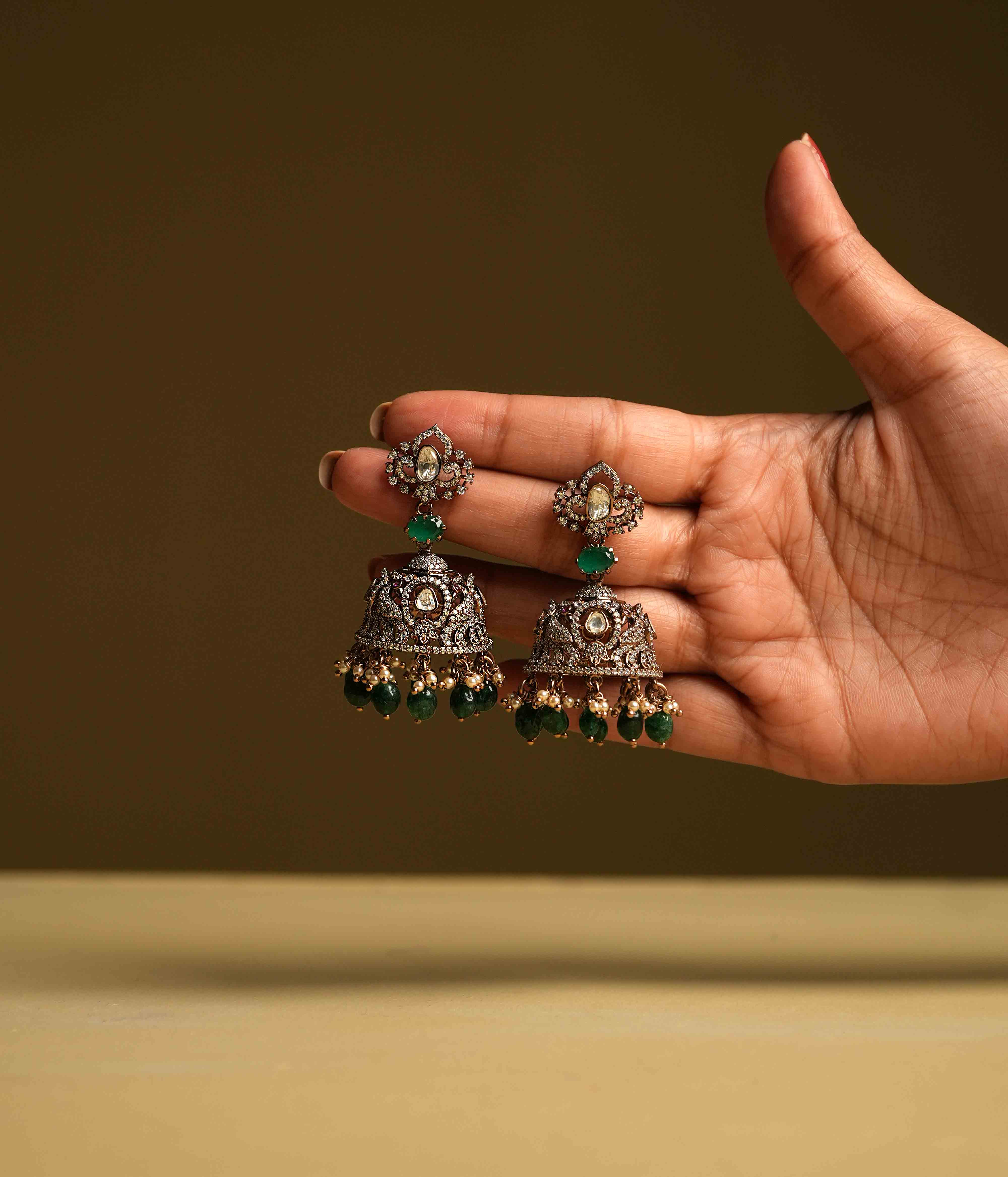 DivasMantra antique gold plated silver Kaanan Earrings with green stones