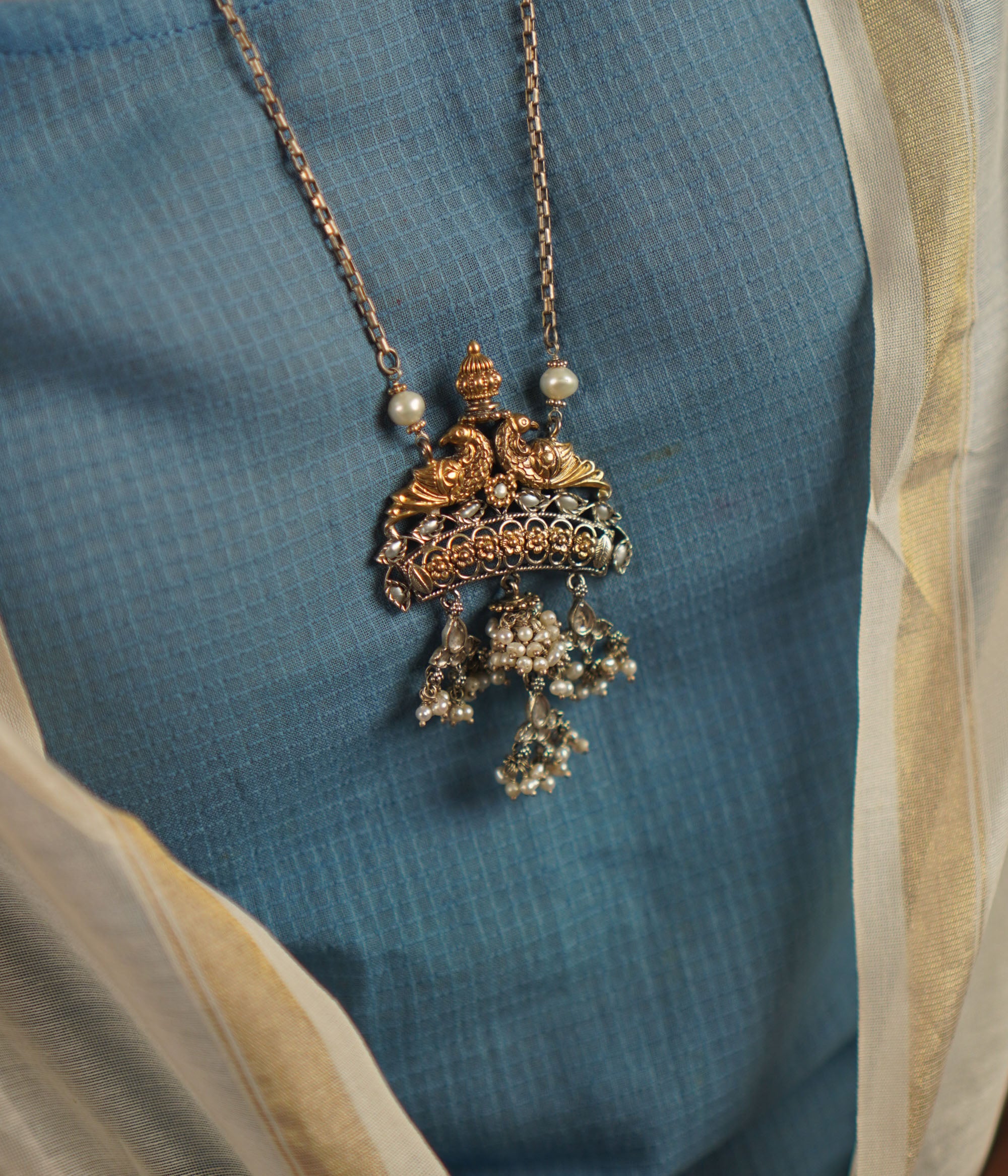 DivasMantra oxidised silver Kaasni Necklace with gold plated peacock motifs