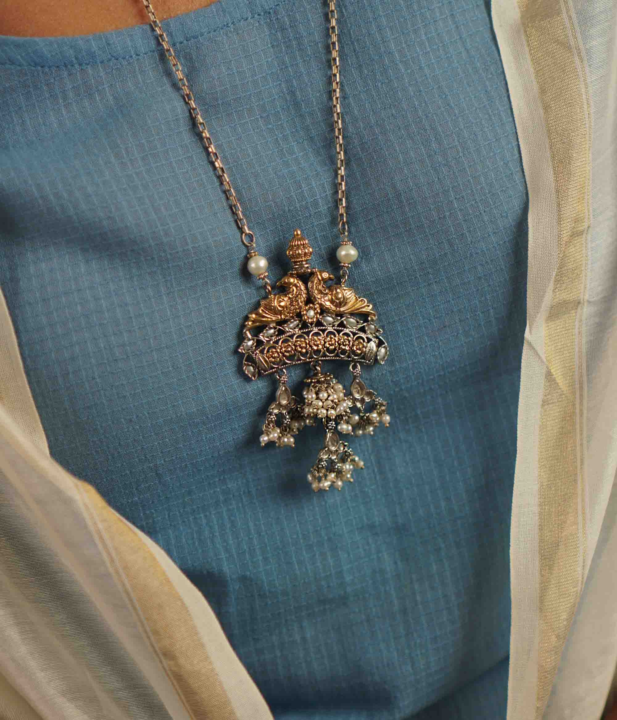 Handcrafted Kaasni Necklace in sterling silver with dangling pearls