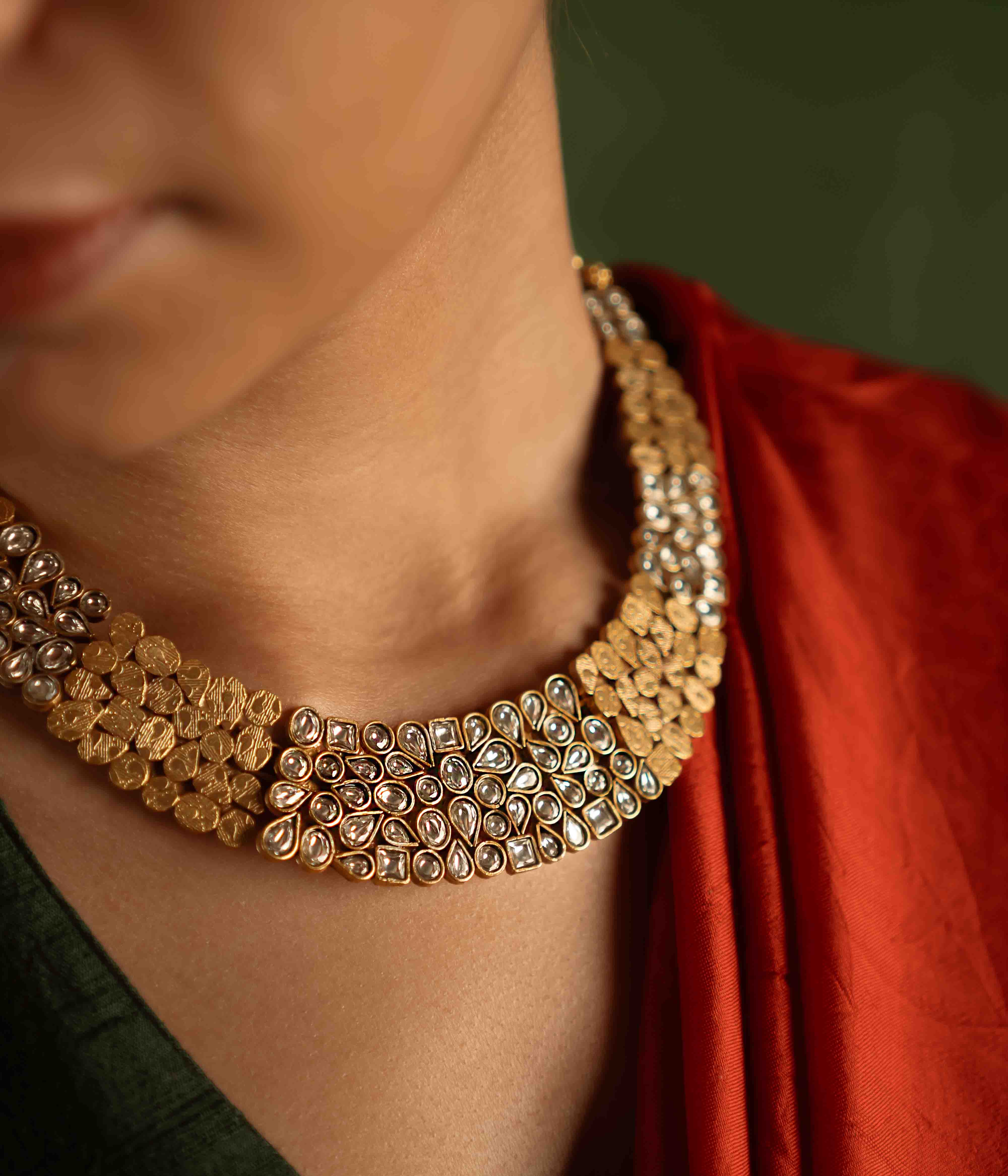 Elegant silver Polki Necklace with gold plating and back rope