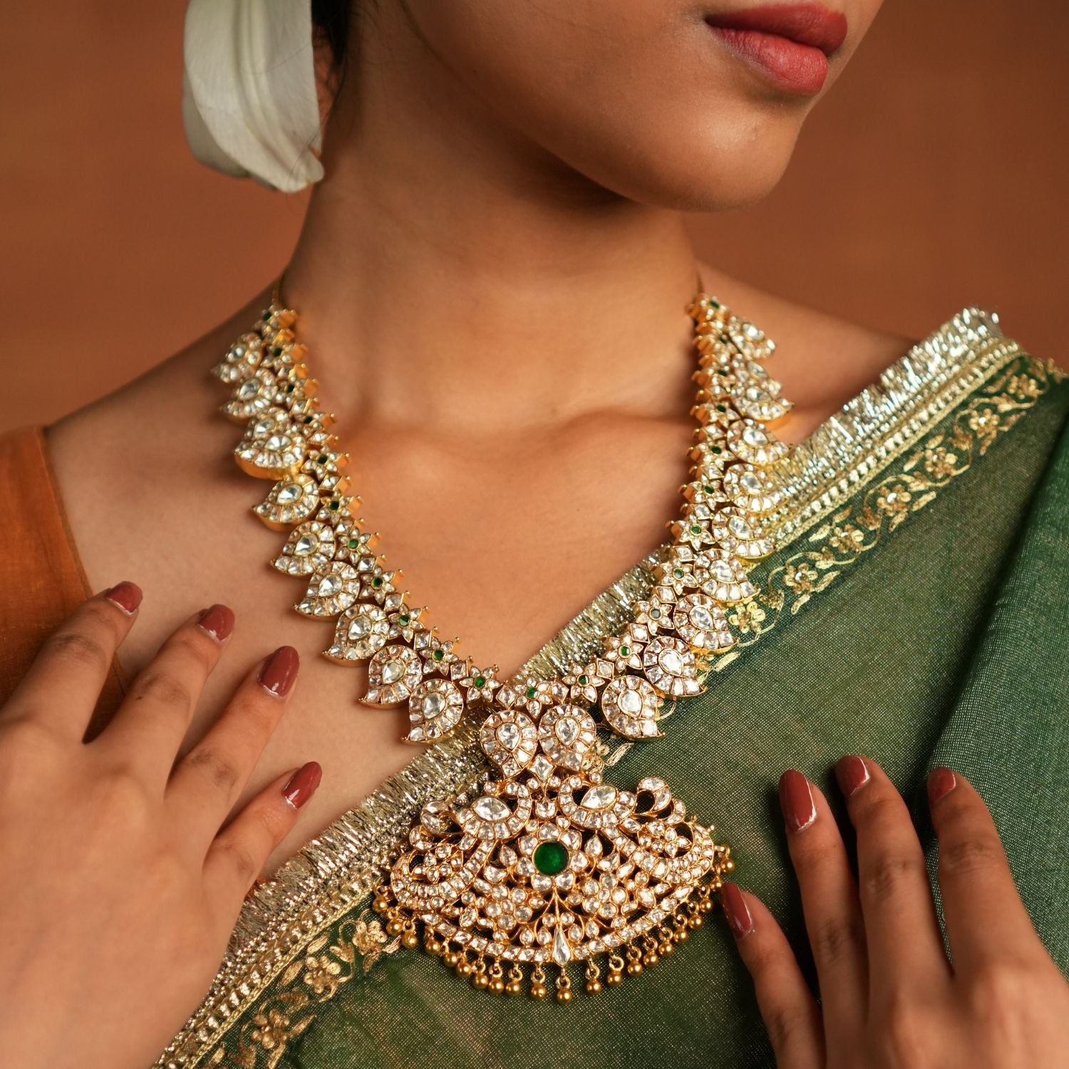 Kailani Necklace in 92.5 Silver with Moissanite Polki and Green Stones