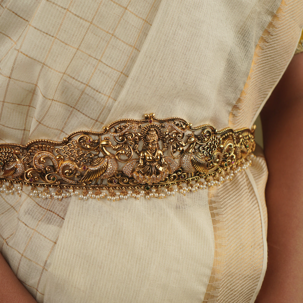 Kalinda Hip Belt in 92.5 Silver with Red Spinel CZ Stones and Pearls