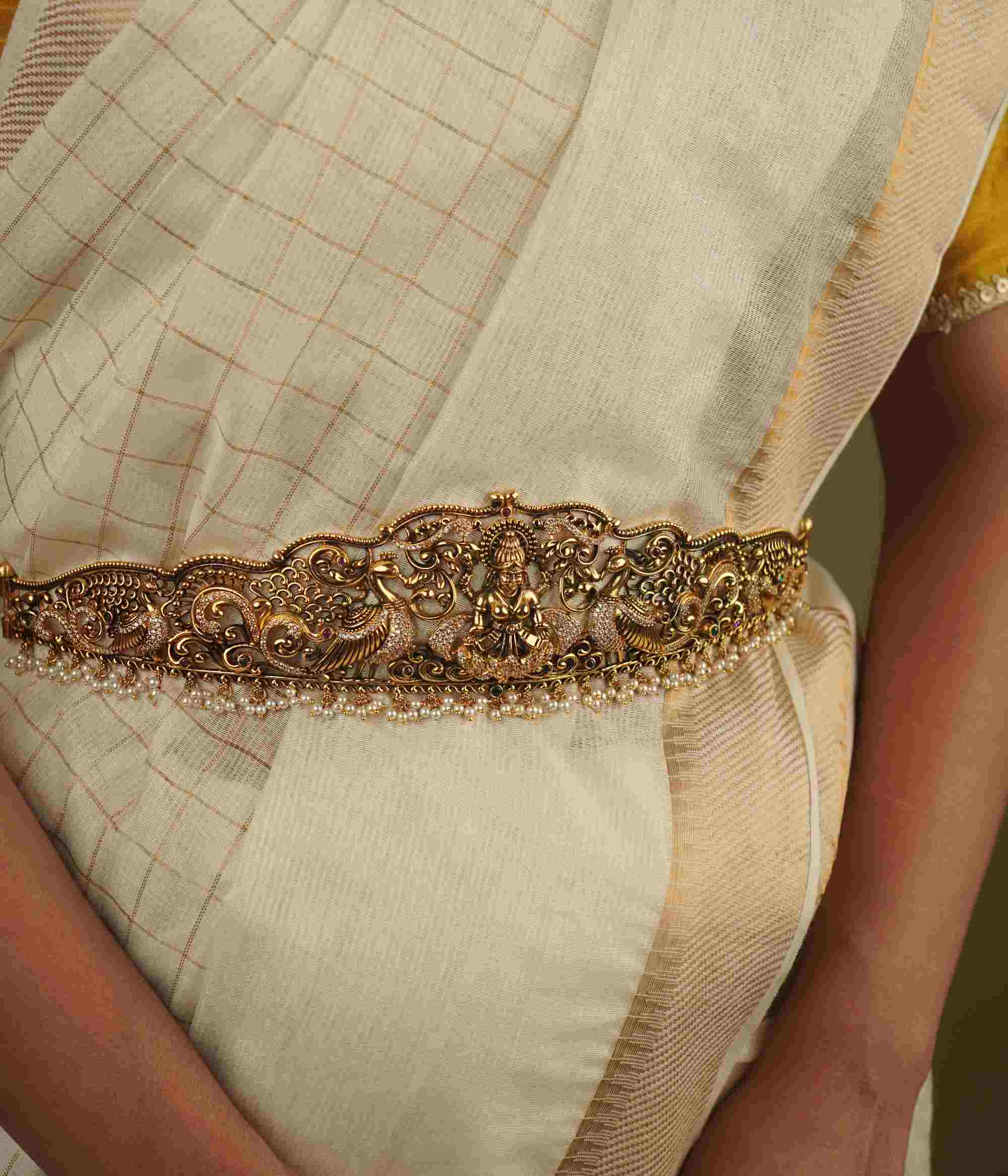 Handmade Kalinda Silver Hip Belt with Red Spinel and Pearls