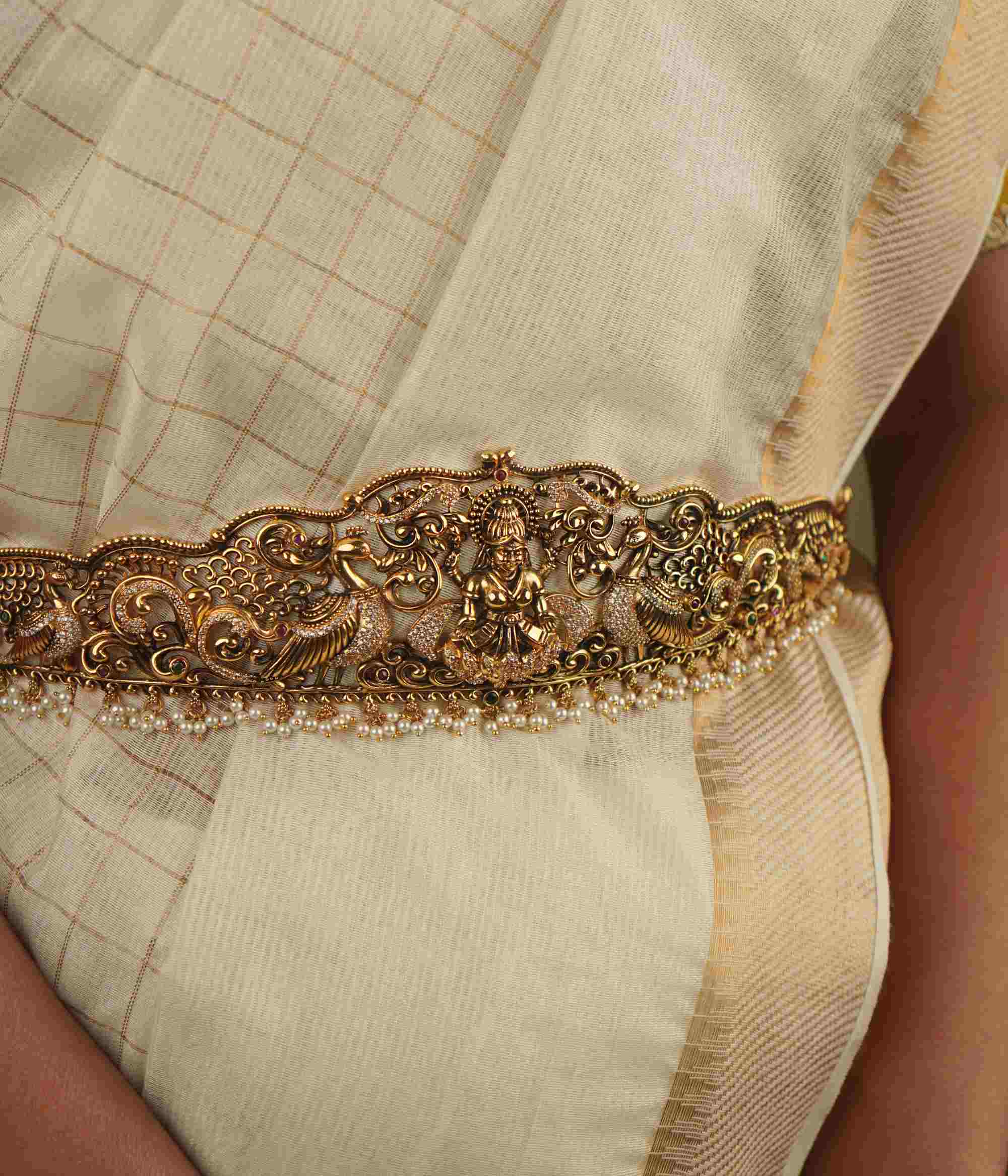 Elegant Kalinda Hip Belt 92.5 Silver Red Spinel Pearls Handmade