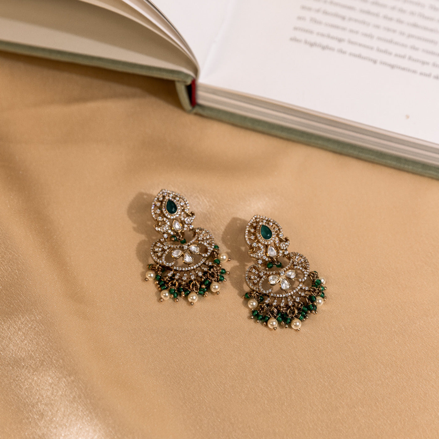 Handmade Silver Gold Plated Kalini Victorian Earrings with Pearls and Green Beads