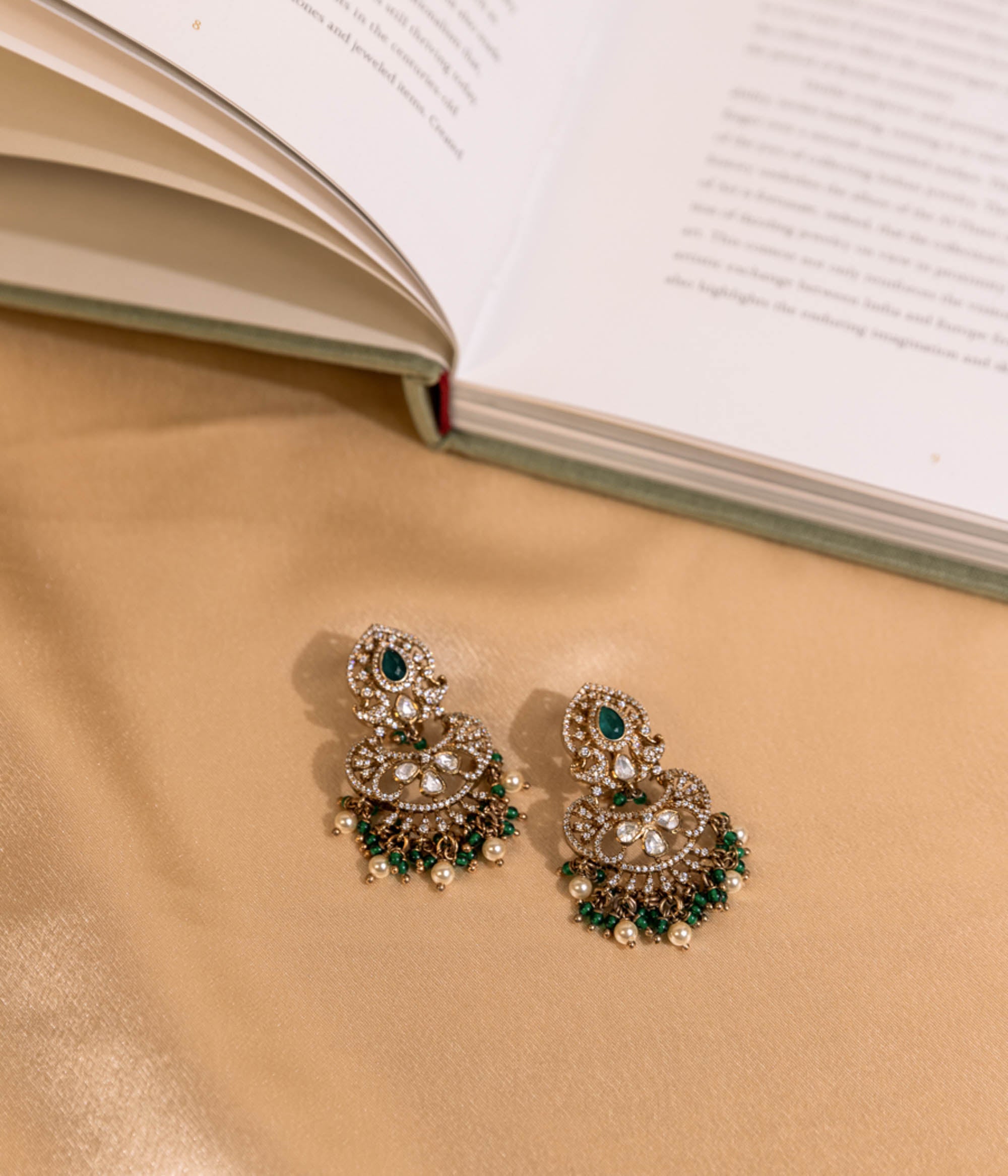Traditional Kalini Victorian Earrings with Green Beads, Polki and Pearls