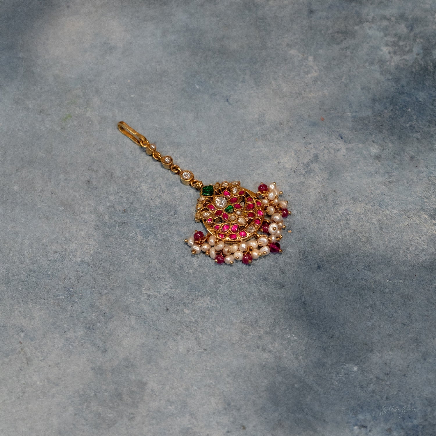 Kamala Kundan Tikka in 925 Silver Gold Plated with Red Green White Stones