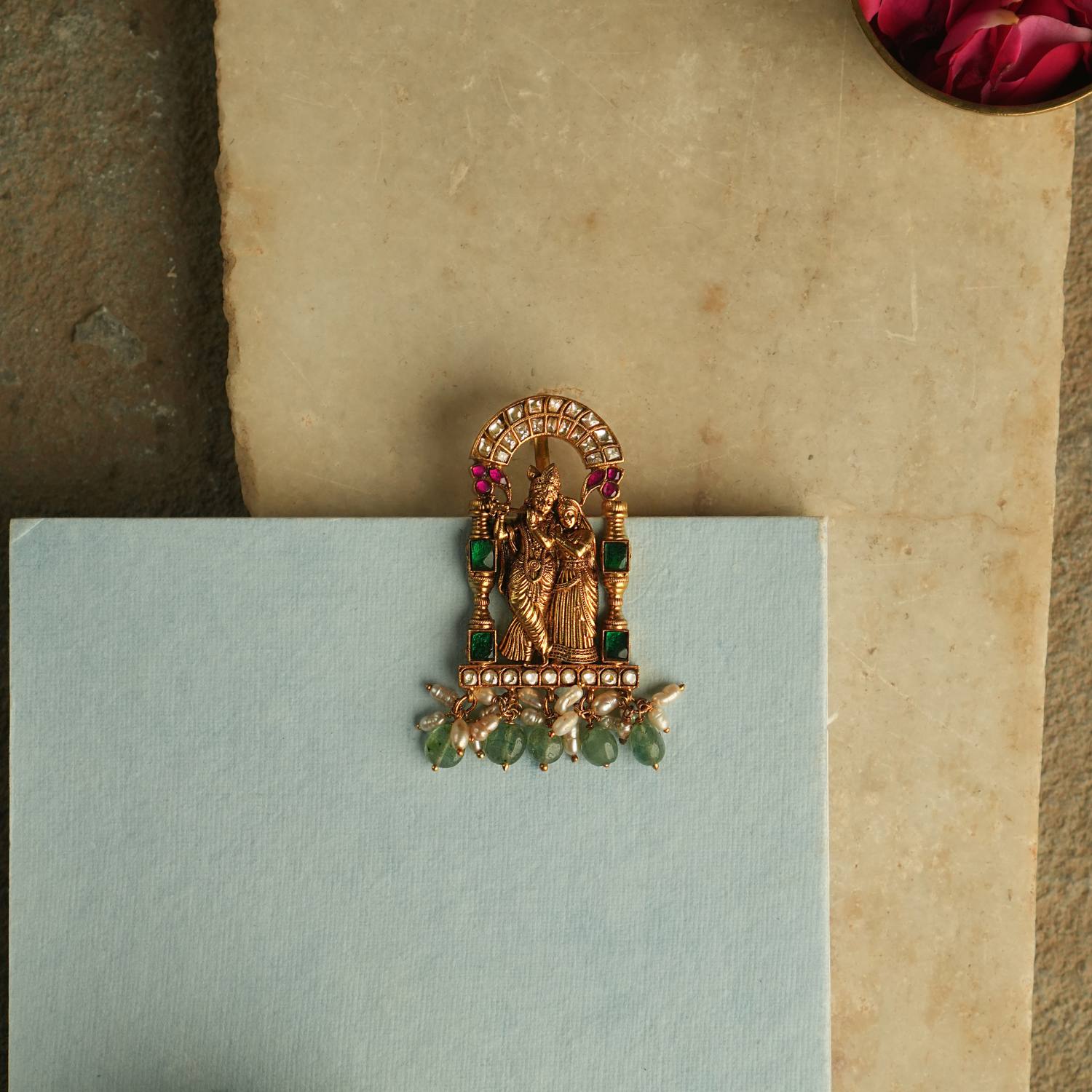 Kanha Pendant in 925 Silver Gold Plated with White Red Green Kundan Stones