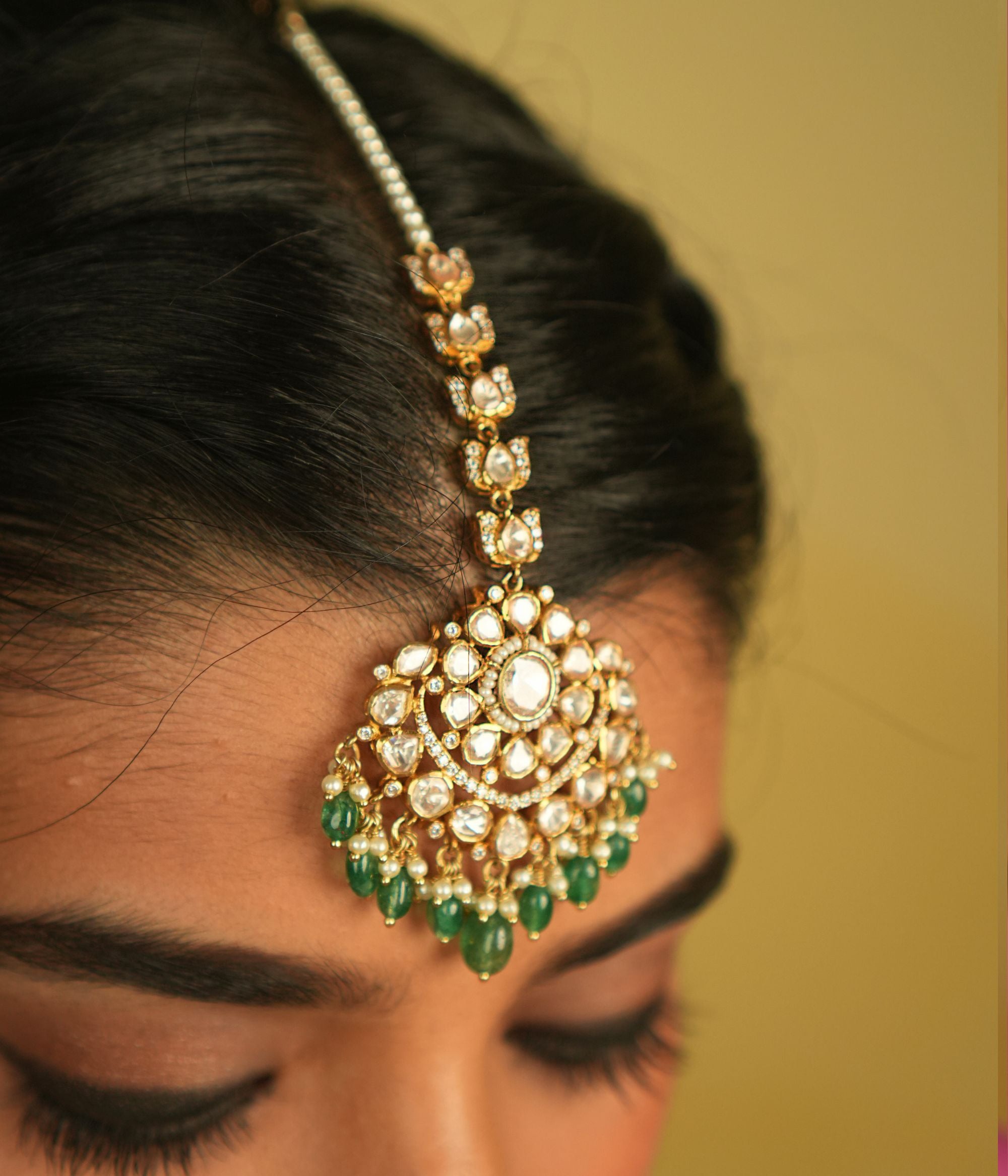 Bridal Polki Tikka with Pearls and Green Beads – DivasMantra