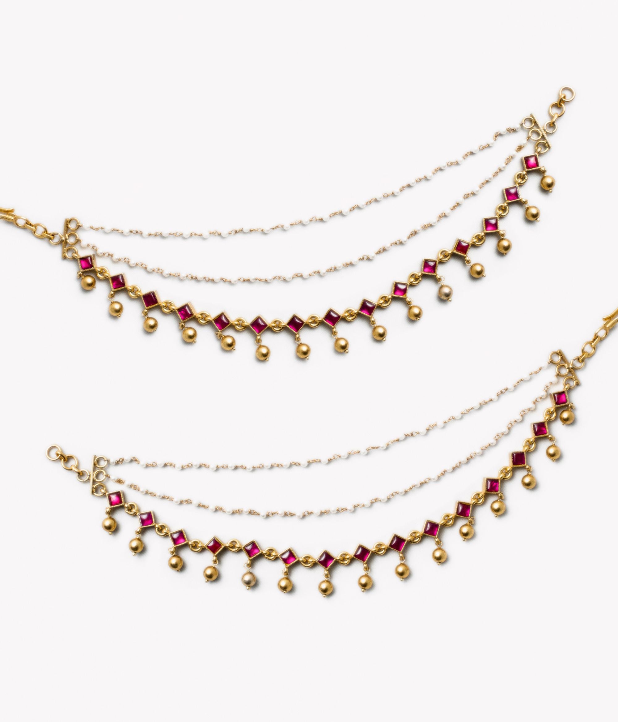 Handmade traditional ear chain with pearls and gold balls DivasMantra