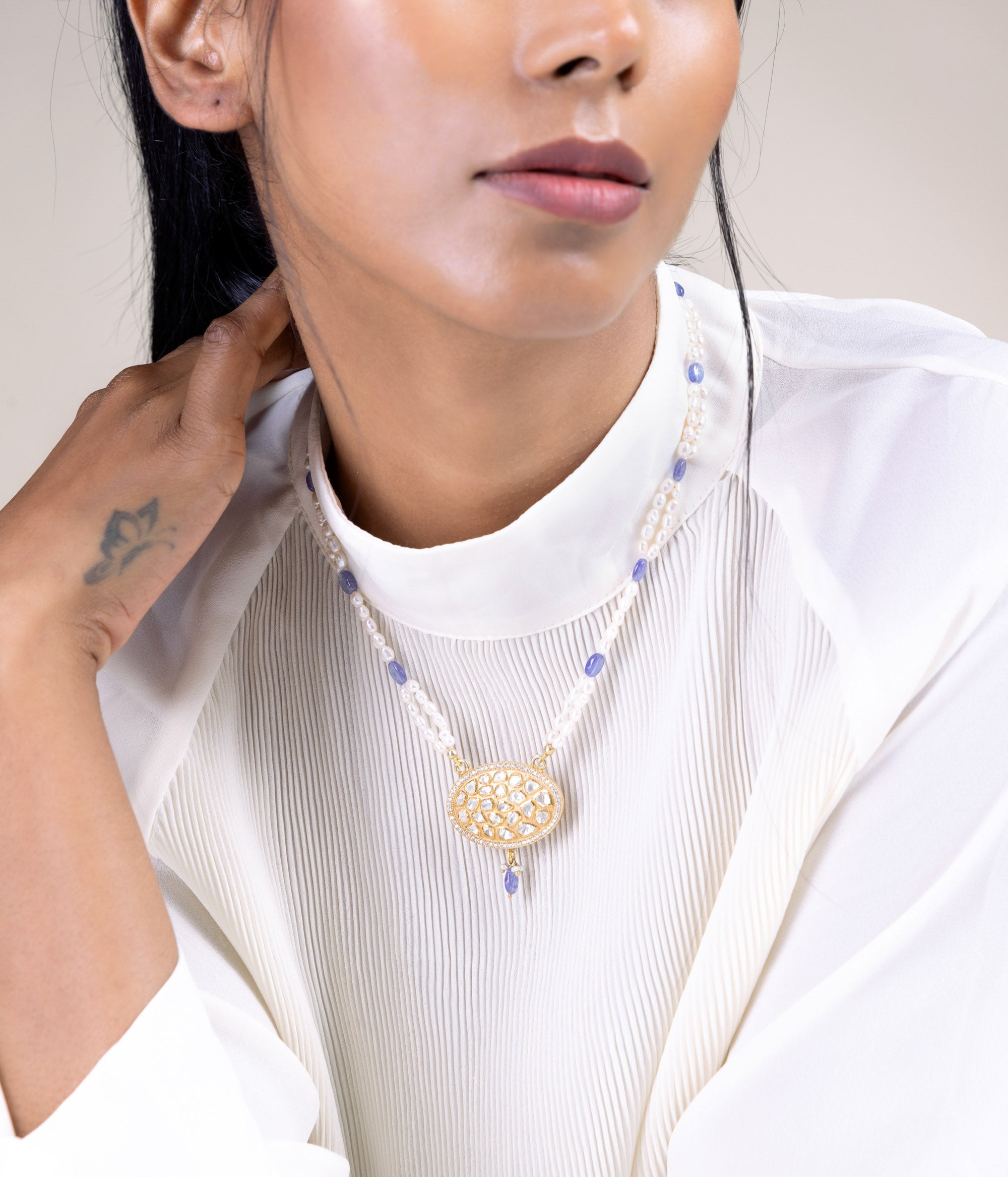 Karni Moissonite Gold Plated Necklace With Pearls