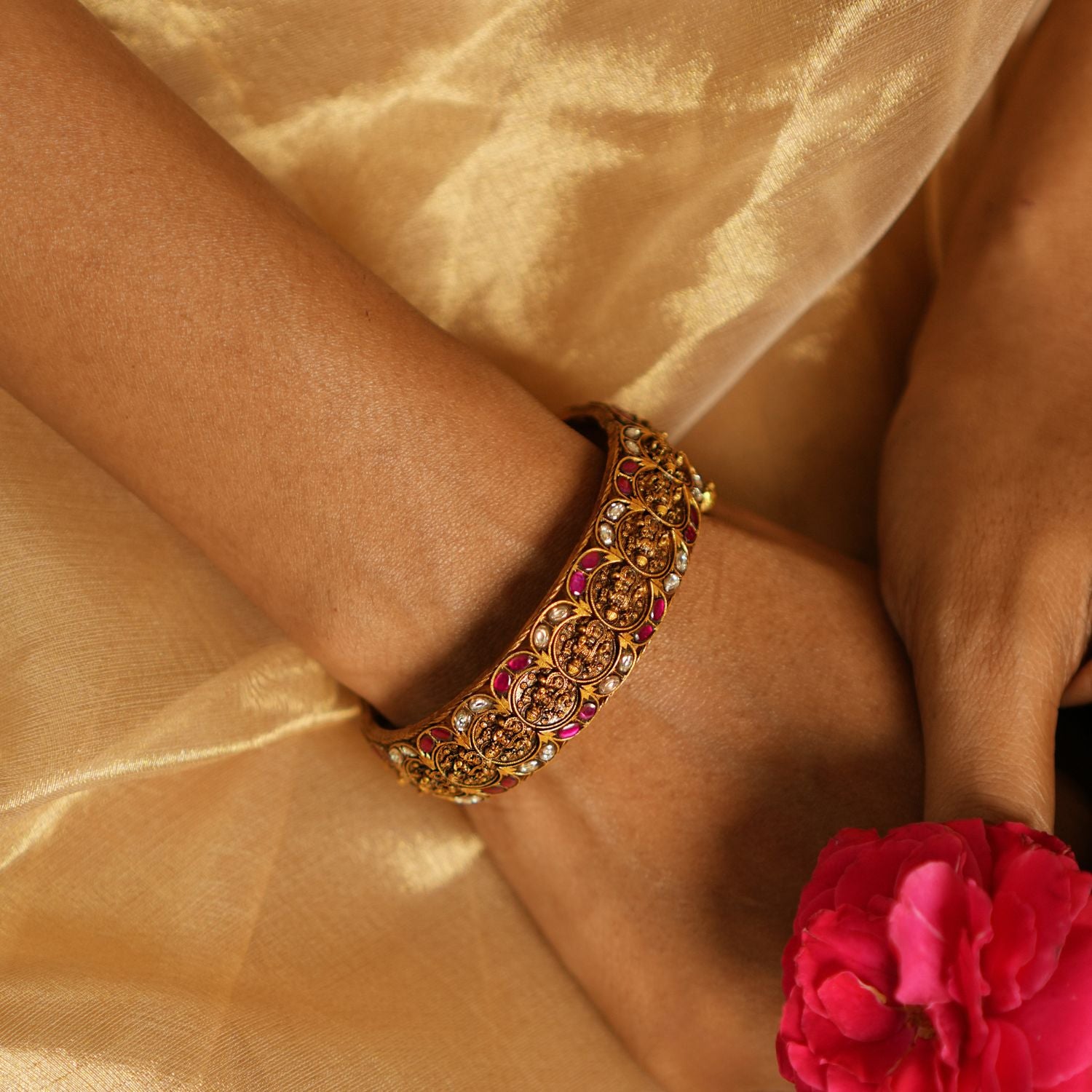 Karuniva Kada 92.5 Silver Gold Plated with Red and White Kundan Stones
