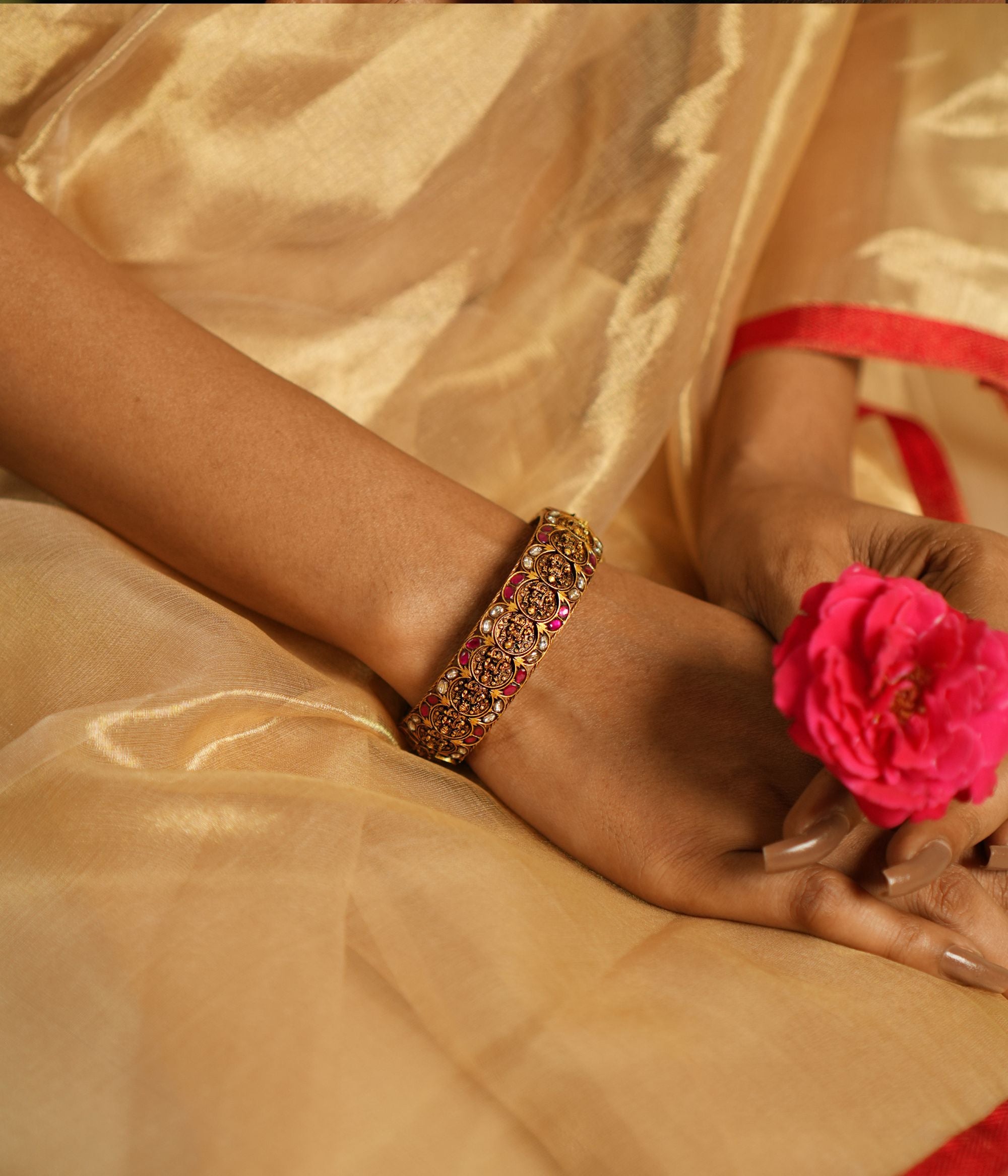 Handmade Karuniva Kada Screw Type Single Bangle with Kundan Stones