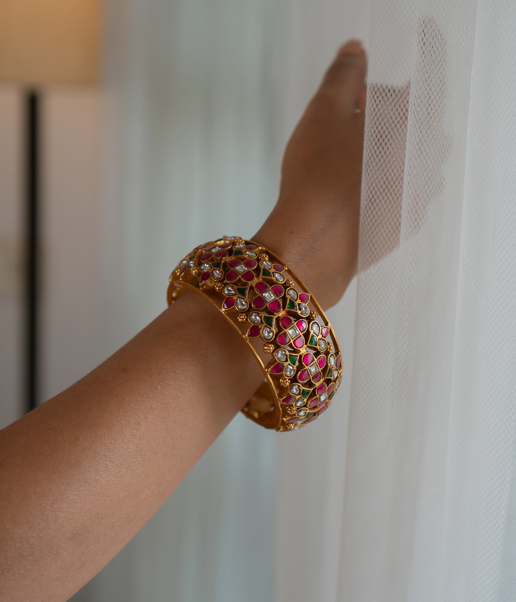 Handmade Silver Kada with Red and Green Kundan Stones