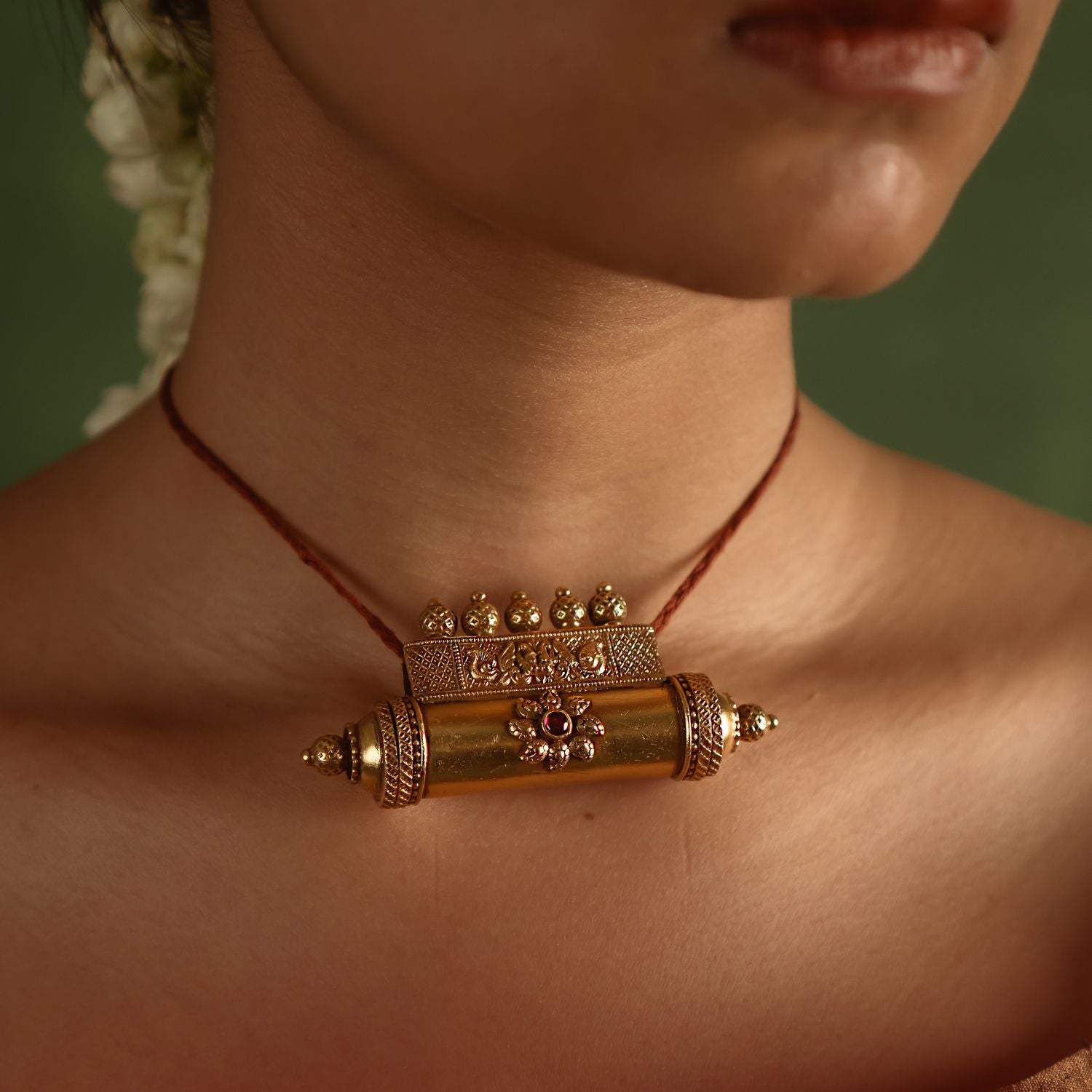 Kathyayaini Mangalsutra in 92.5 Silver Gold Plated with Red Spinel