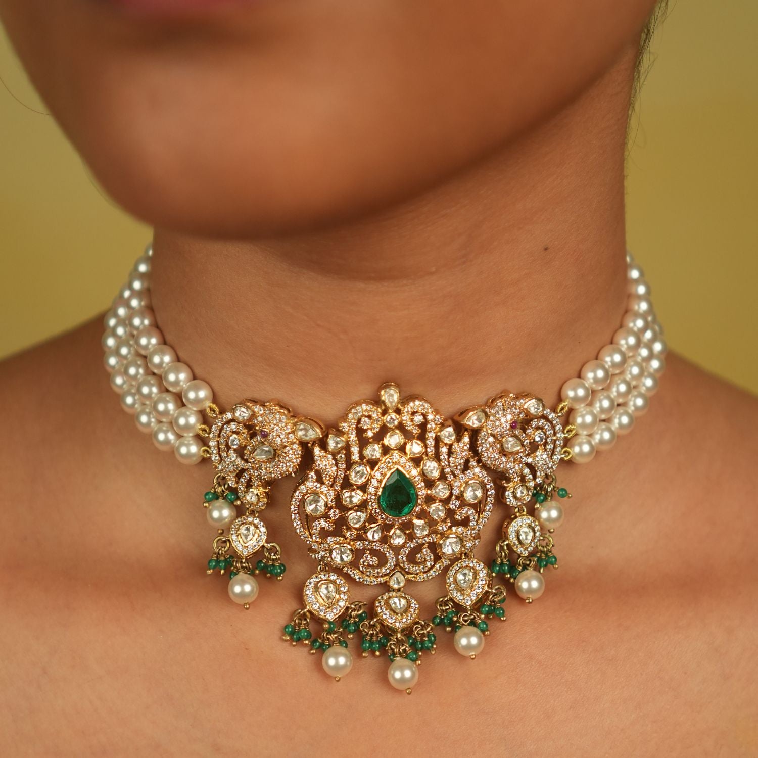 Kavishri Necklace in 92.5 Silver with Polki Stones CZ Green Gemstone and Pearls