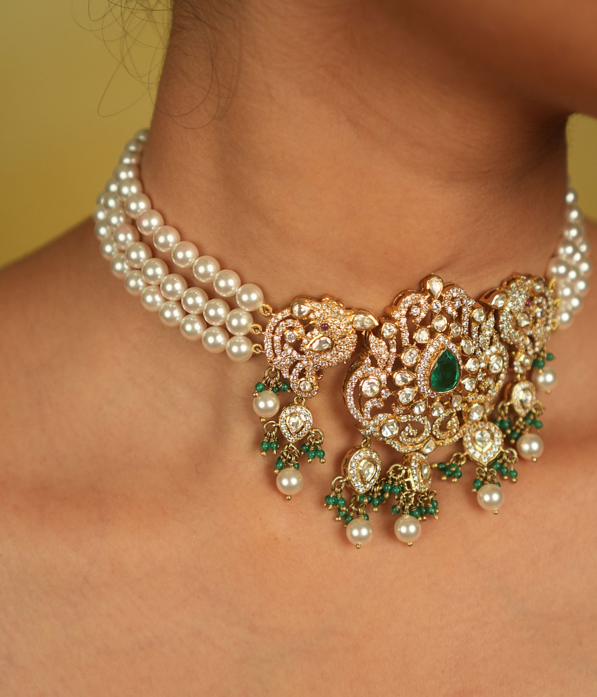 Antique Style Silver Necklace with Polki CZ and Pearls