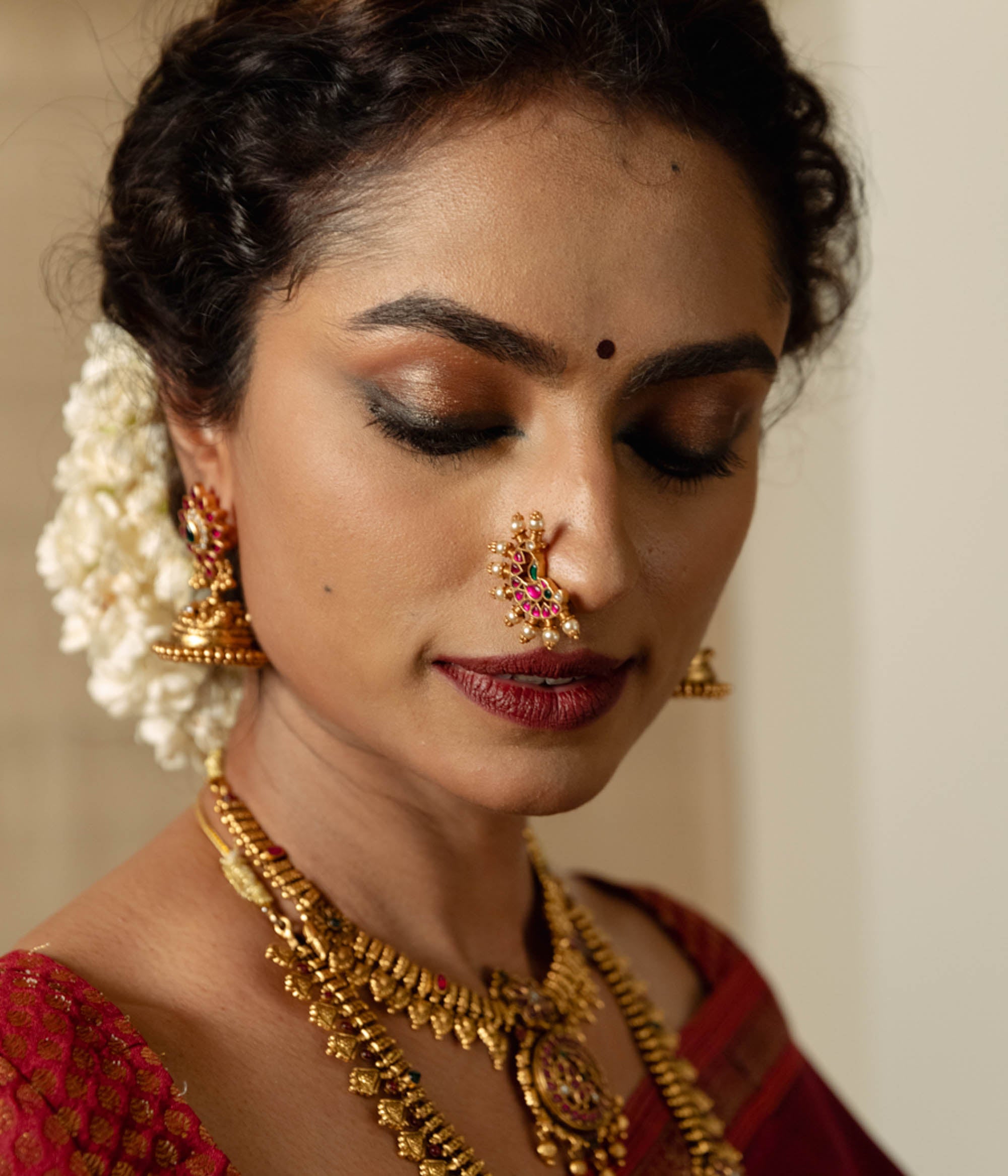 Handmade Kundan Nosepin with Red White Green Stones and Pearl Accents
