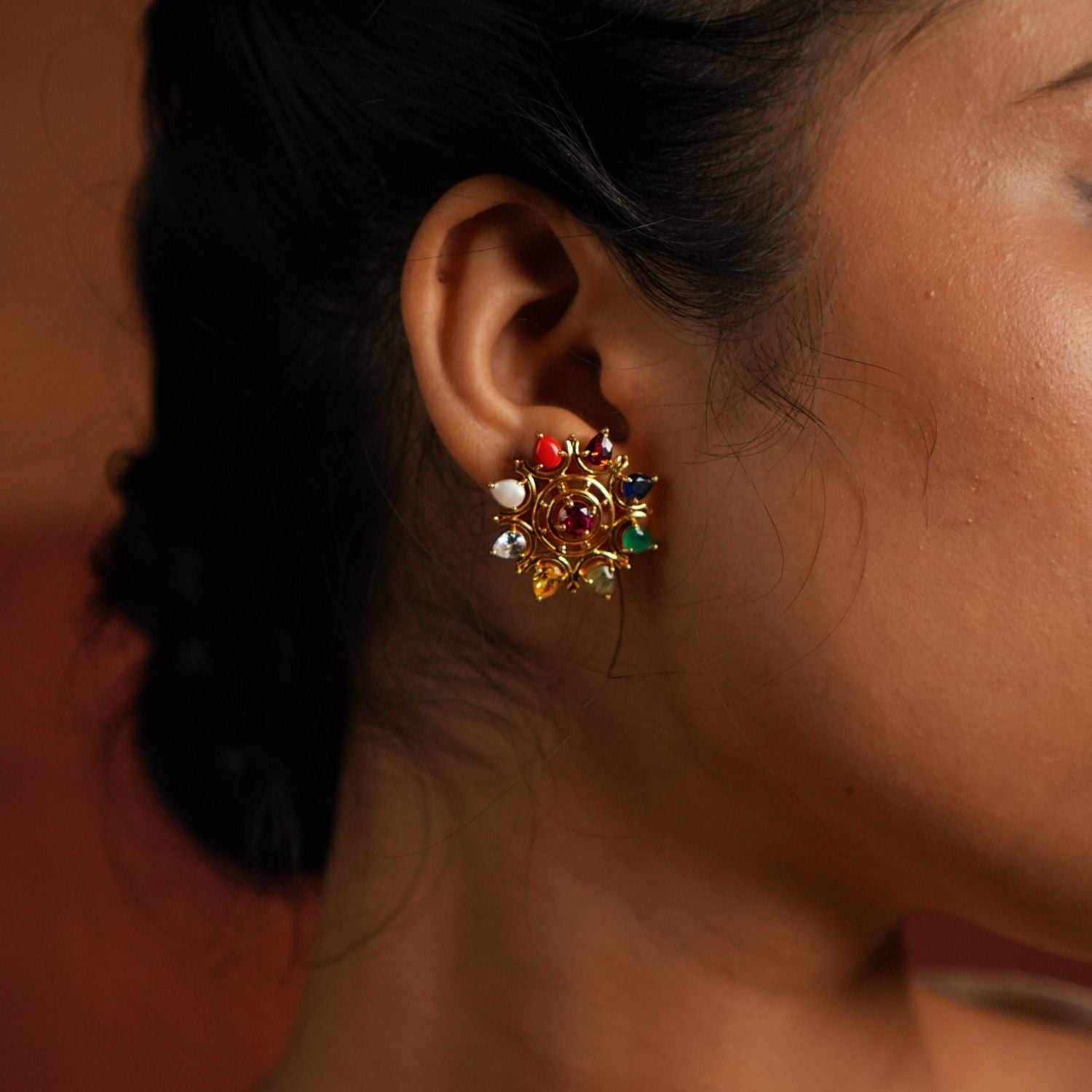 Keshayantri Earrings 92.5 Silver Gold Plated with Navratna and CZ Stones